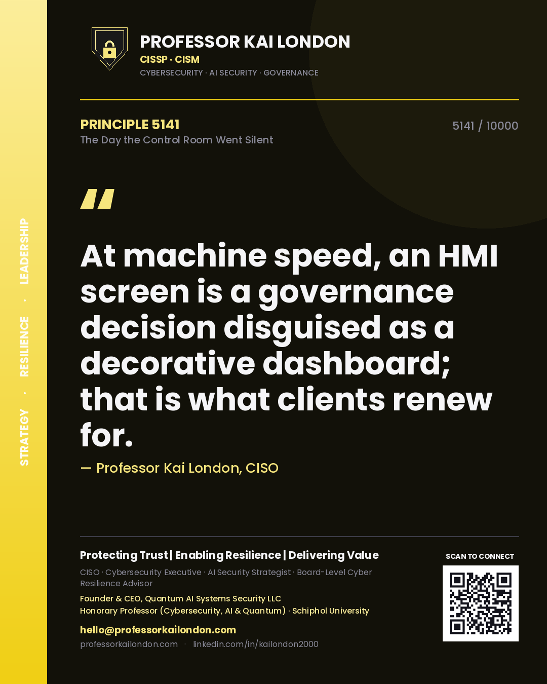 Professor Kai London principle 5141: At machine speed, an HMI screen is a governance decision disguised as a decorative dashboard; that is what clients renew for.