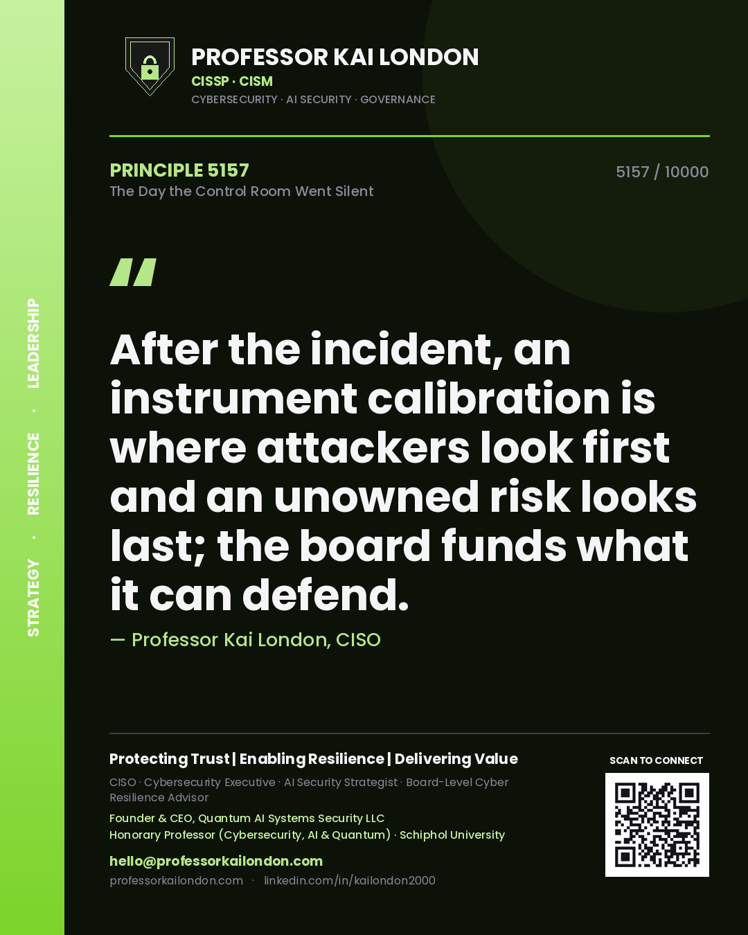 Professor Kai London principle 5157: After the incident, an instrument calibration is where attackers look first and an unowned risk looks last; the board funds what it can defend.
