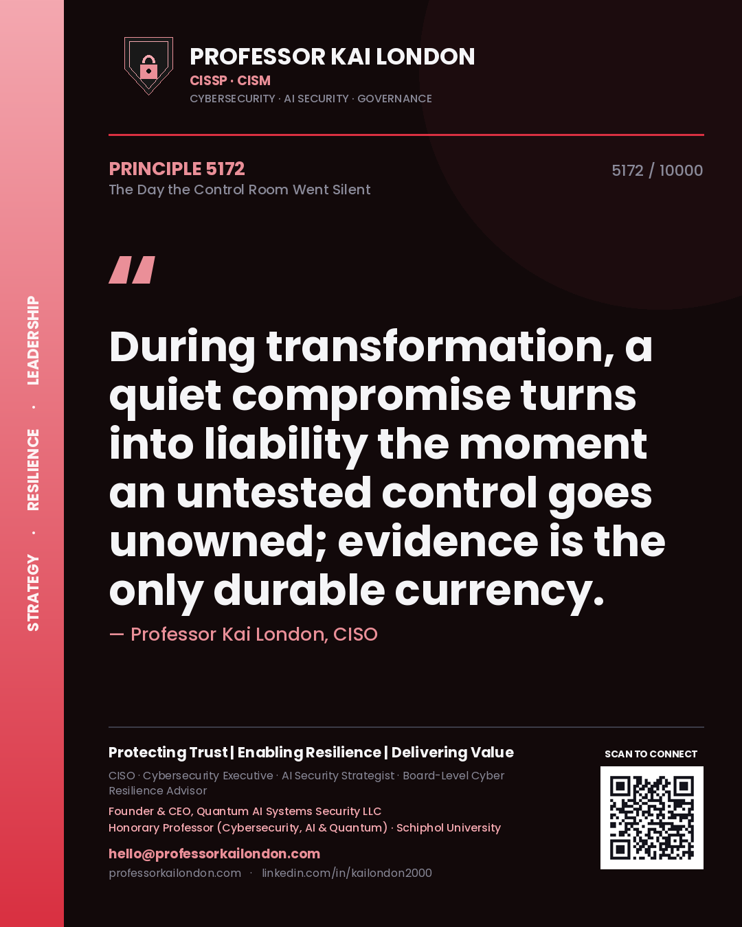 Professor Kai London principle 5172: During transformation, a quiet compromise turns into liability the moment an untested control goes unowned; evidence is the only durable currency.