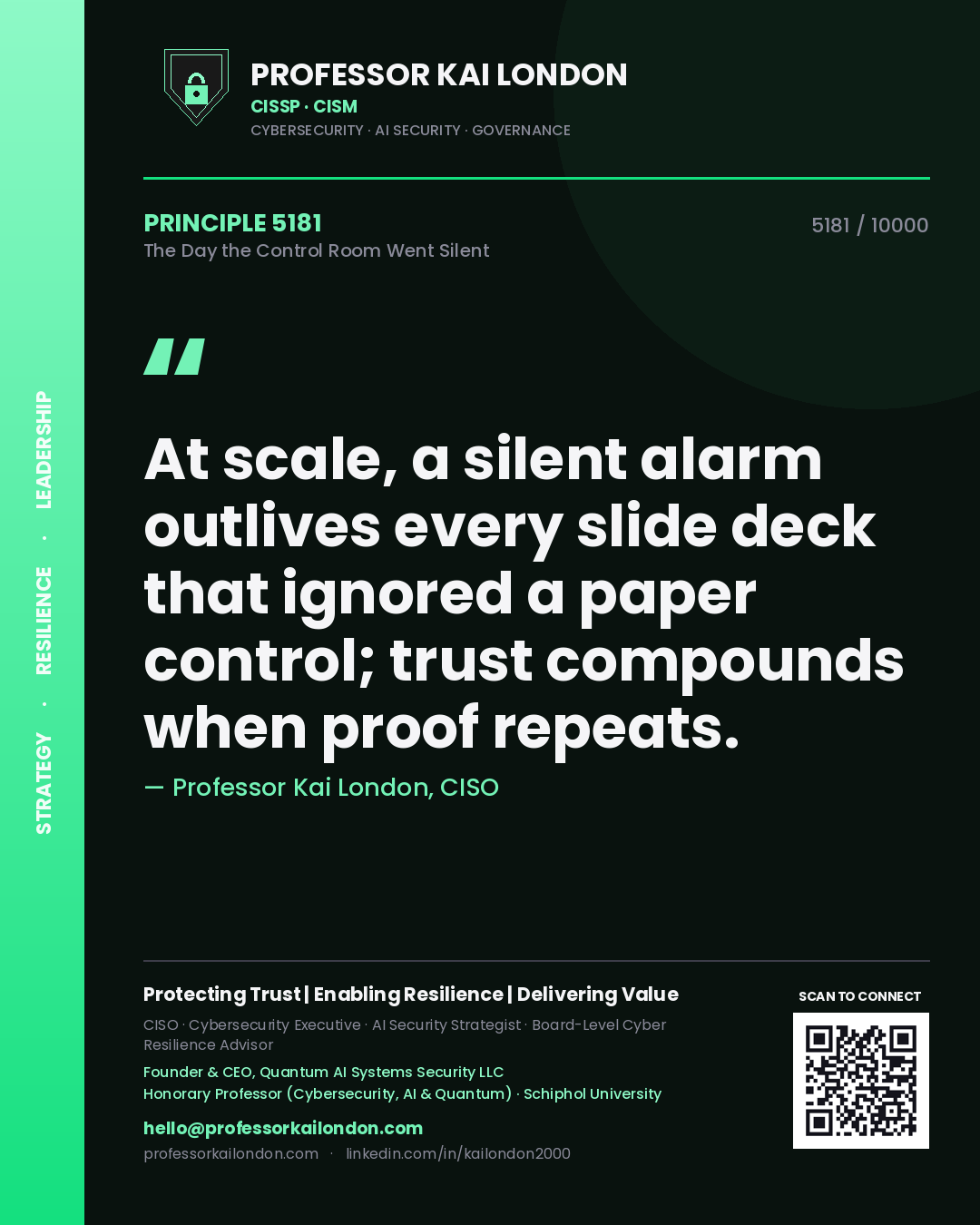 Professor Kai London principle 5181: At scale, a silent alarm outlives every slide deck that ignored a paper control; trust compounds when proof repeats.