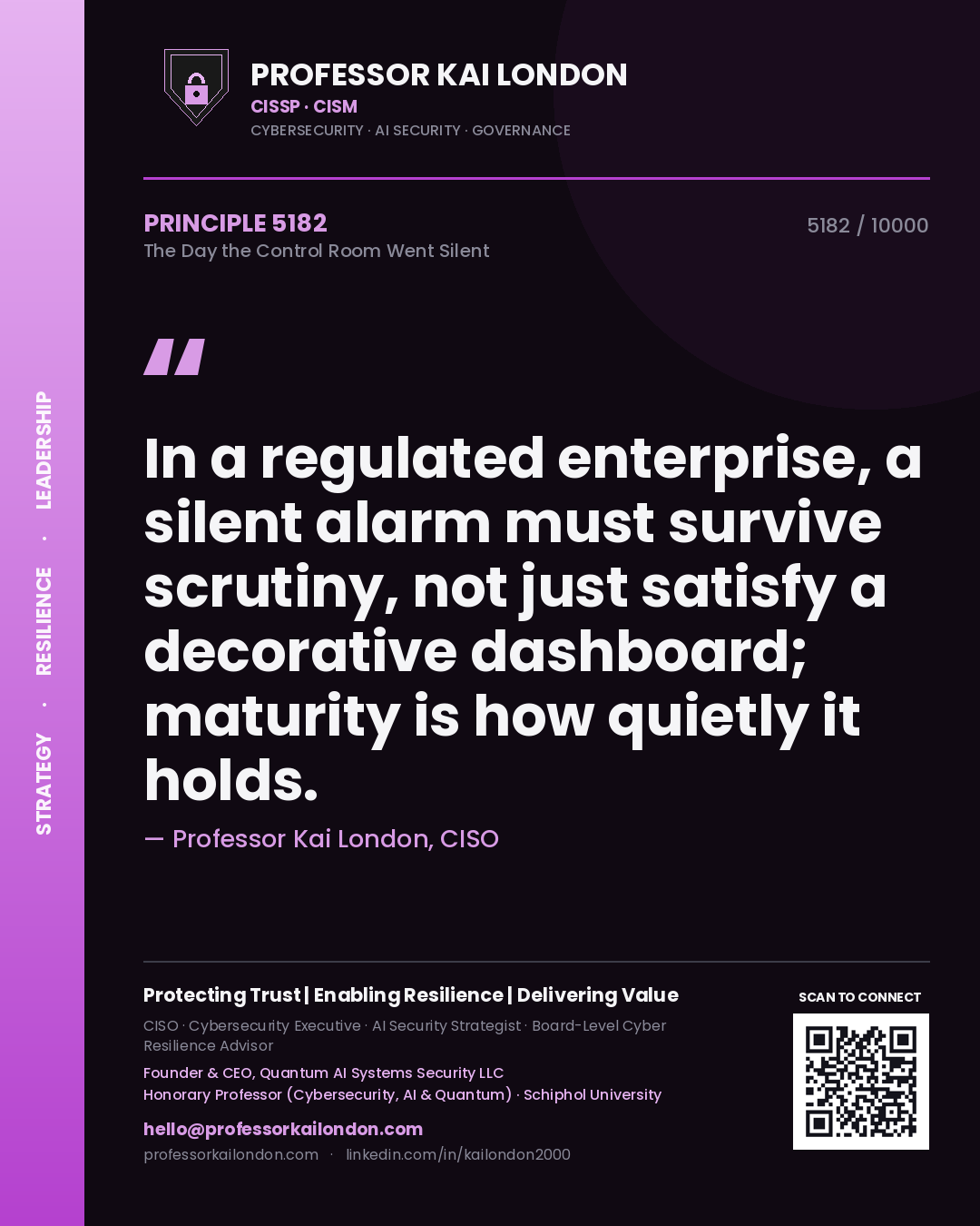 Professor Kai London principle 5182: In a regulated enterprise, a silent alarm must survive scrutiny, not just satisfy a decorative dashboard; maturity is how quietly it holds.