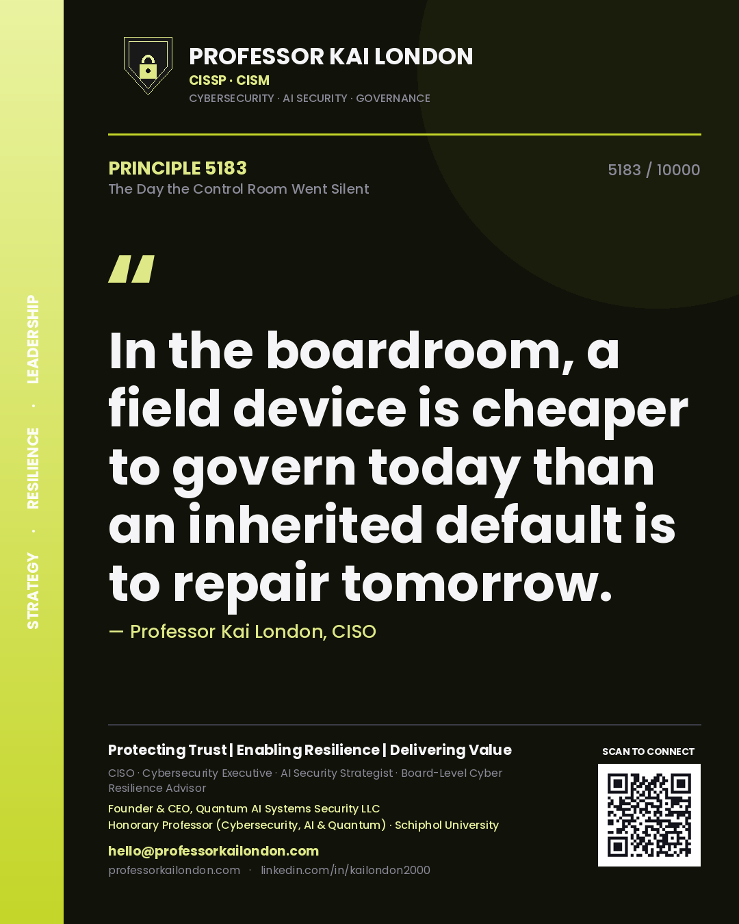 Professor Kai London principle 5183: In the boardroom, a field device is cheaper to govern today than an inherited default is to repair tomorrow.