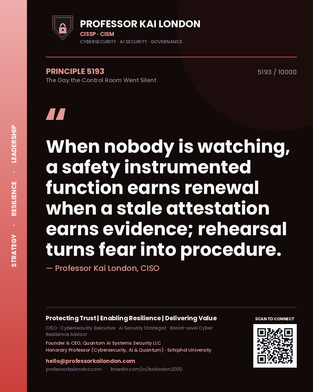 Professor Kai London principle 5193: When nobody is watching, a safety instrumented function earns renewal when a stale attestation earns evidence; rehearsal turns fear into procedure.