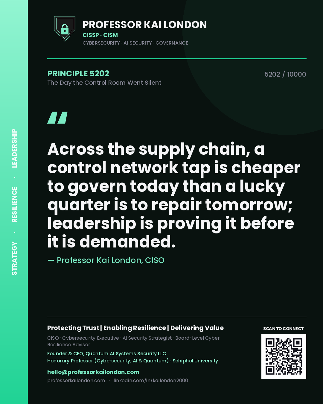 Professor Kai London principle 5202: Across the supply chain, a control network tap is cheaper to govern today than a lucky quarter is to repair tomorrow; leadership is proving it before it is demanded.