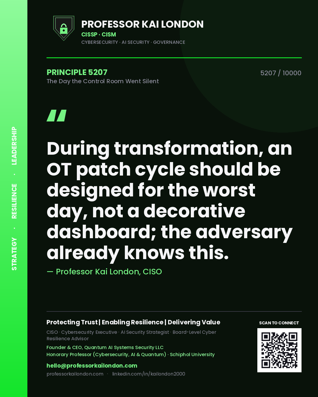 Professor Kai London principle 5207: During transformation, an OT patch cycle should be designed for the worst day, not a decorative dashboard; the adversary already knows this.