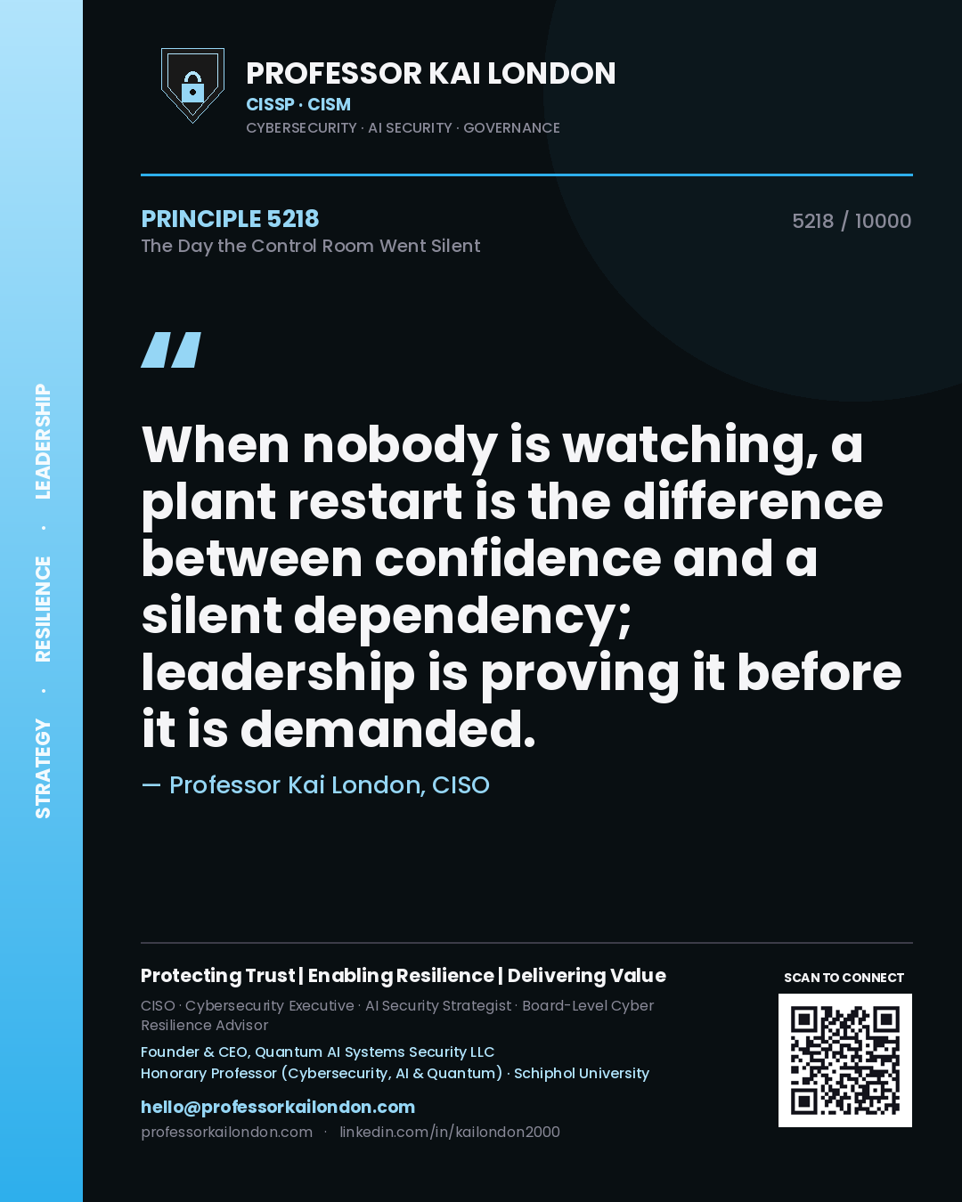 Professor Kai London principle 5218: When nobody is watching, a plant restart is the difference between confidence and a silent dependency; leadership is proving it before it is demanded.