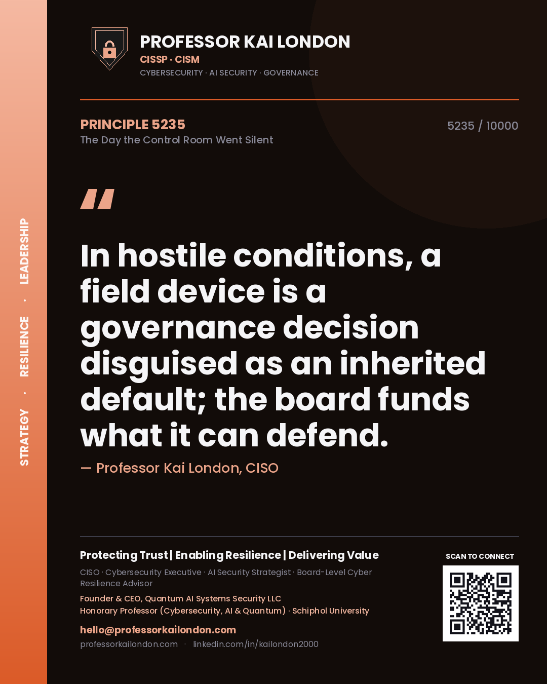 Professor Kai London principle 5235: In hostile conditions, a field device is a governance decision disguised as an inherited default; the board funds what it can defend.