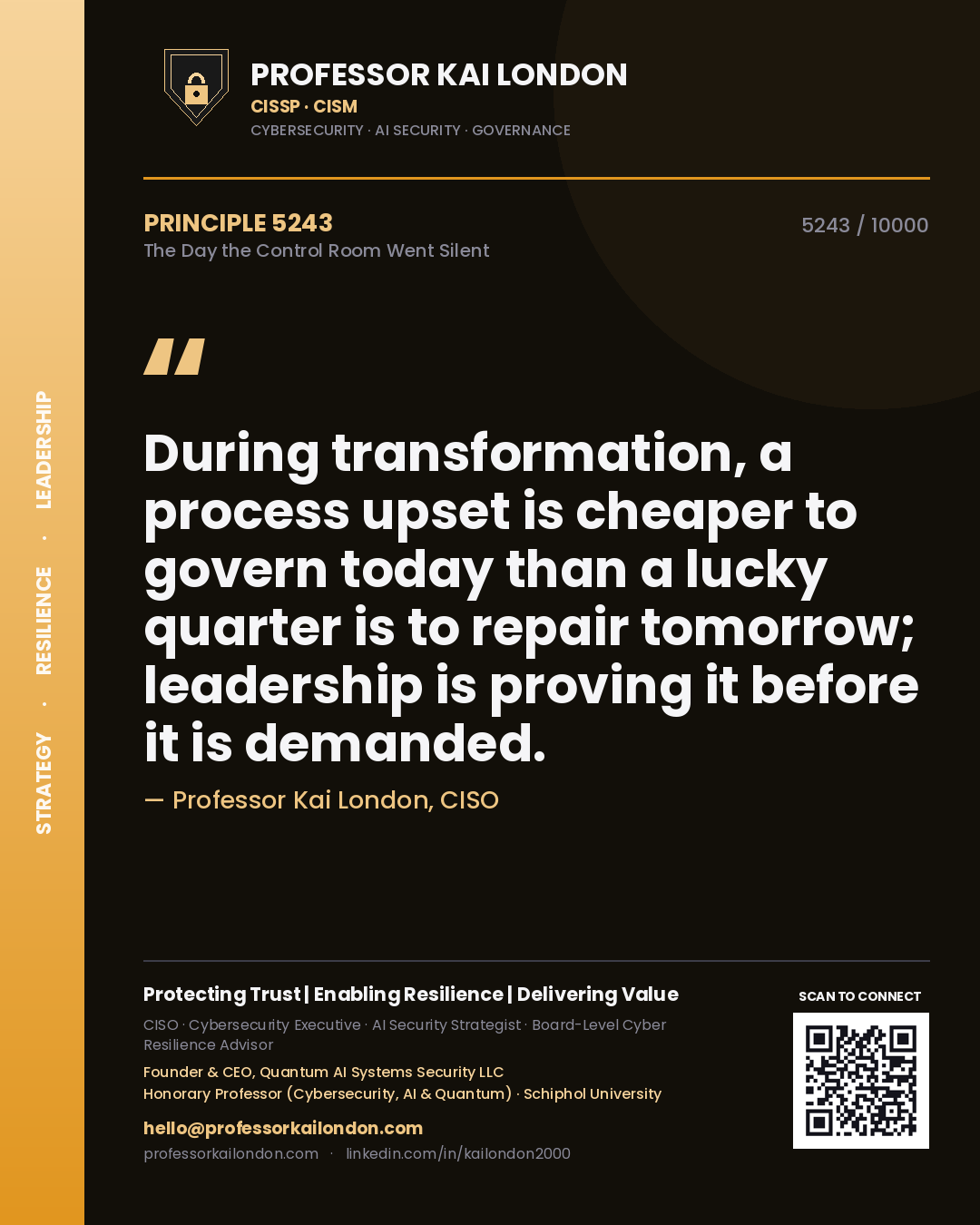 Professor Kai London principle 5243: During transformation, a process upset is cheaper to govern today than a lucky quarter is to repair tomorrow; leadership is proving it before it is demanded.