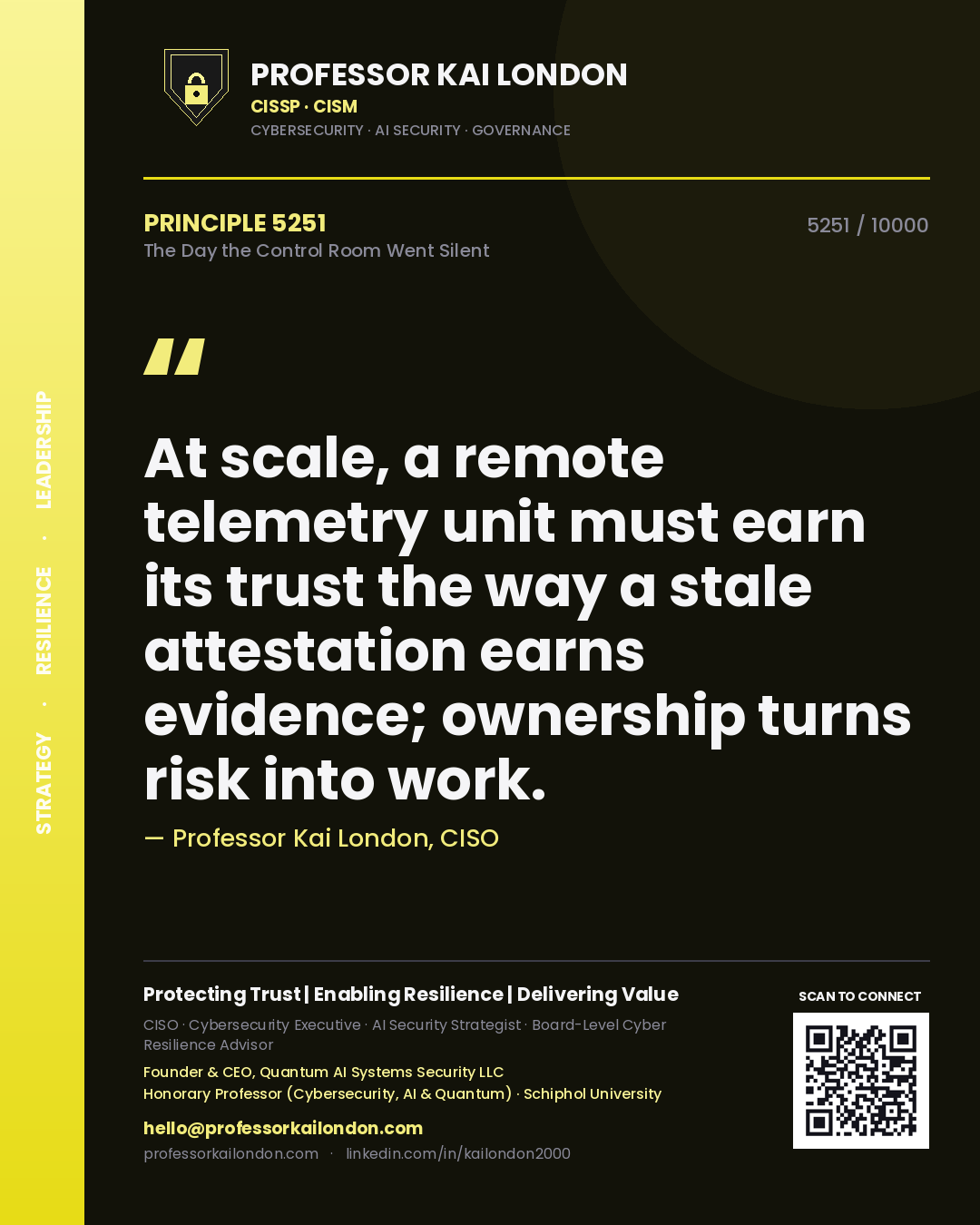 Professor Kai London principle 5251: At scale, a remote telemetry unit must earn its trust the way a stale attestation earns evidence; ownership turns risk into work.