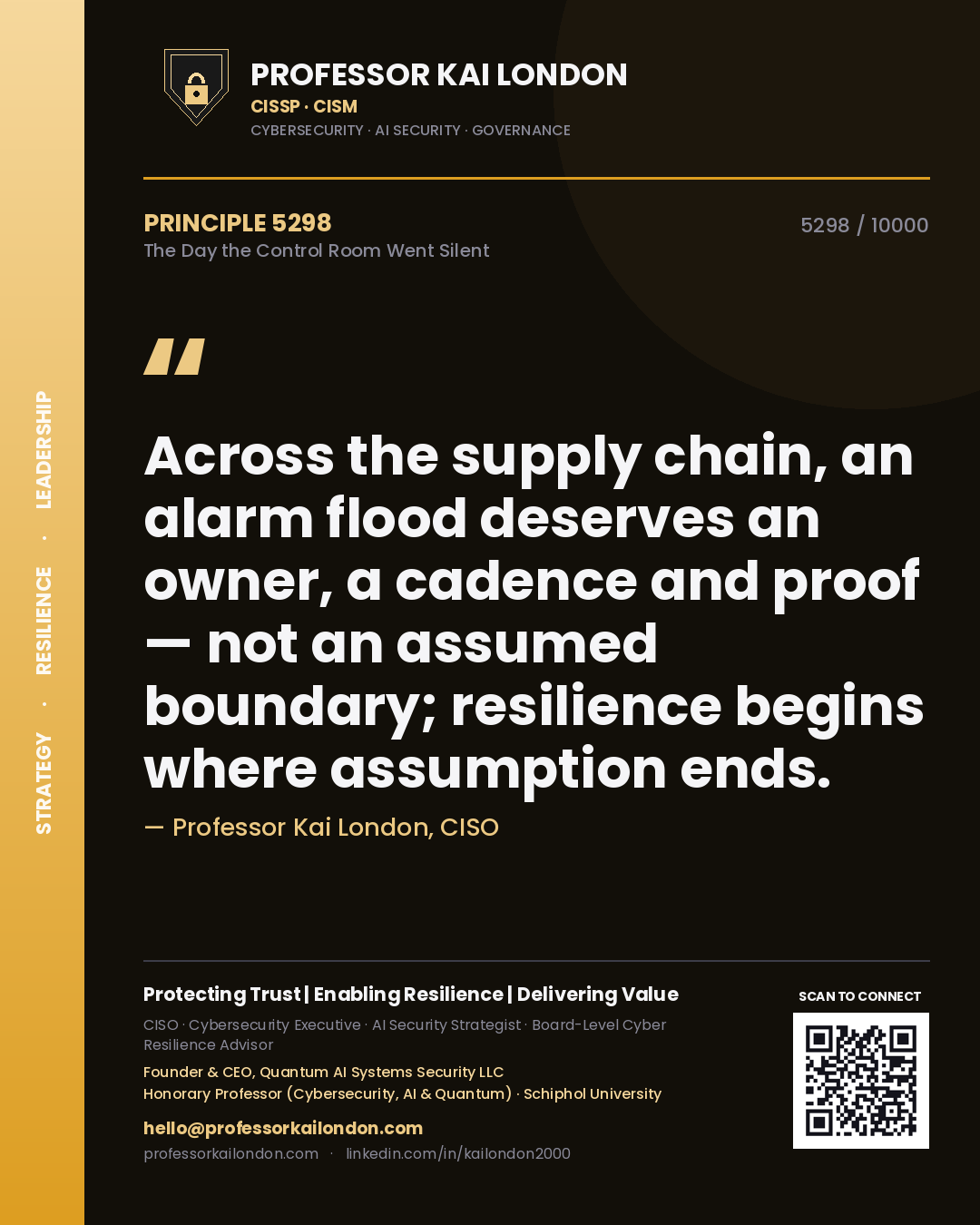 Professor Kai London principle 5298: Across the supply chain, an alarm flood deserves an owner, a cadence and proof — not an assumed boundary; resilience begins where assumption ends.