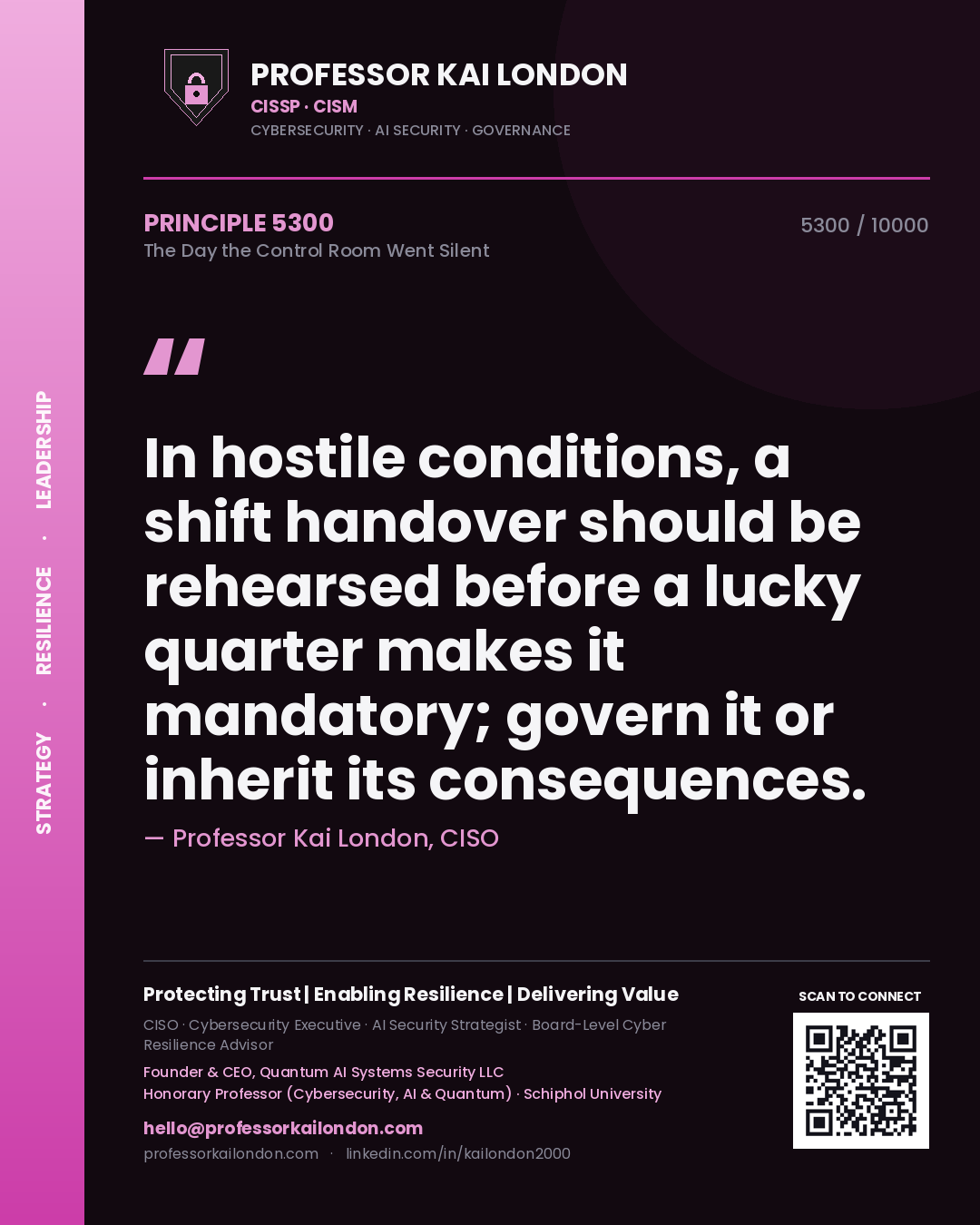 Professor Kai London principle 5300: In hostile conditions, a shift handover should be rehearsed before a lucky quarter makes it mandatory; govern it or inherit its consequences.