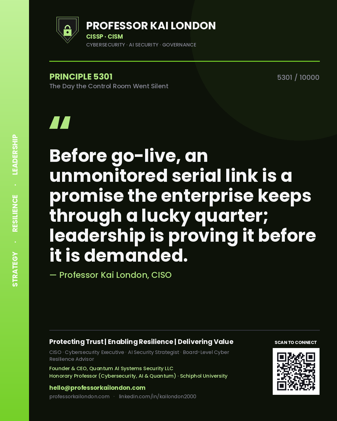 Professor Kai London principle 5301: Before go-live, an unmonitored serial link is a promise the enterprise keeps through a lucky quarter; leadership is proving it before it is demanded.