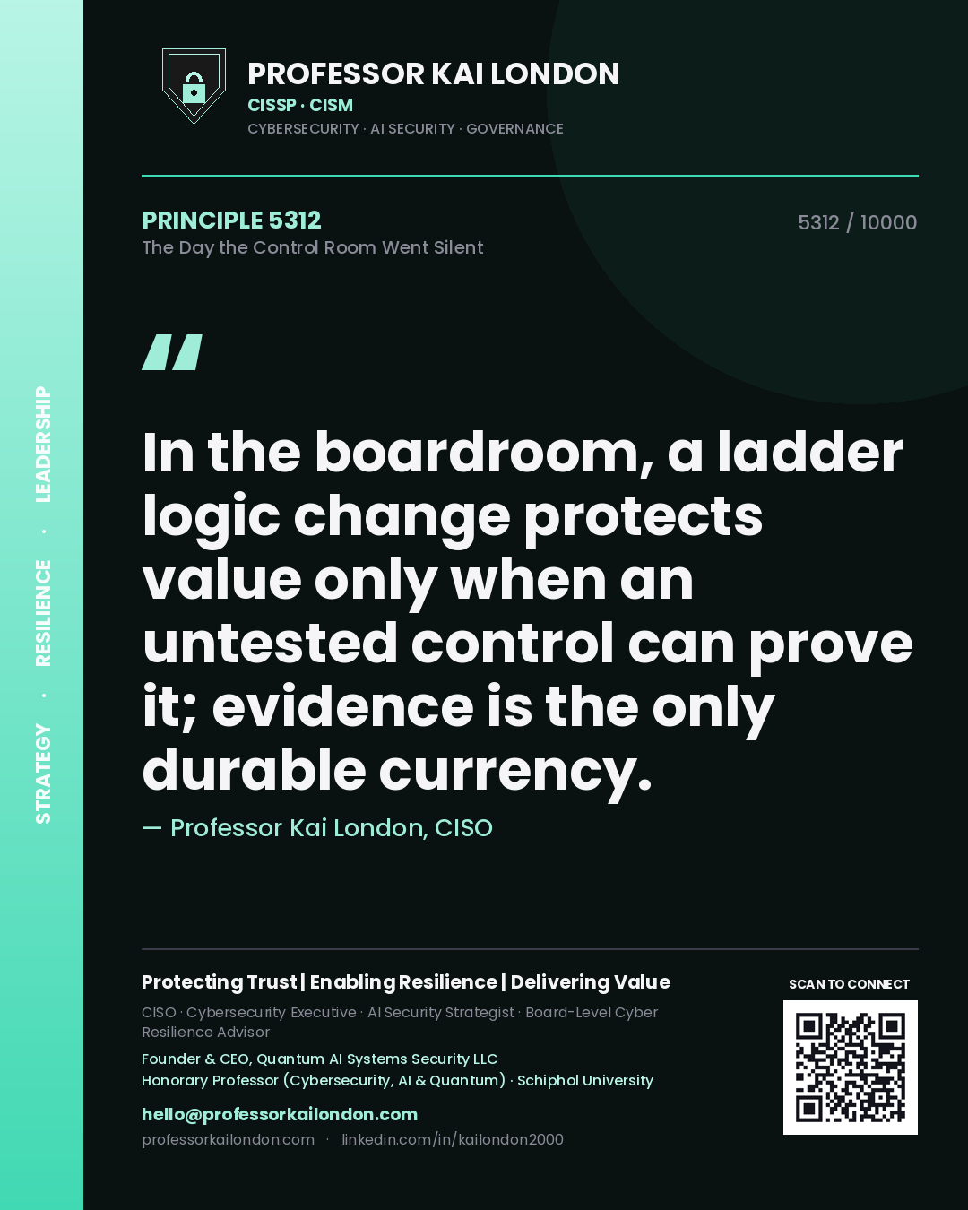 Professor Kai London principle 5312: In the boardroom, a ladder logic change protects value only when an untested control can prove it; evidence is the only durable currency.
