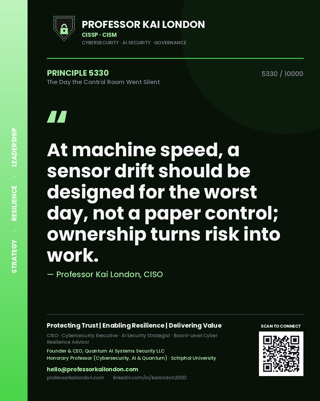 Professor Kai London principle 5330: At machine speed, a sensor drift should be designed for the worst day, not a paper control; ownership turns risk into work.