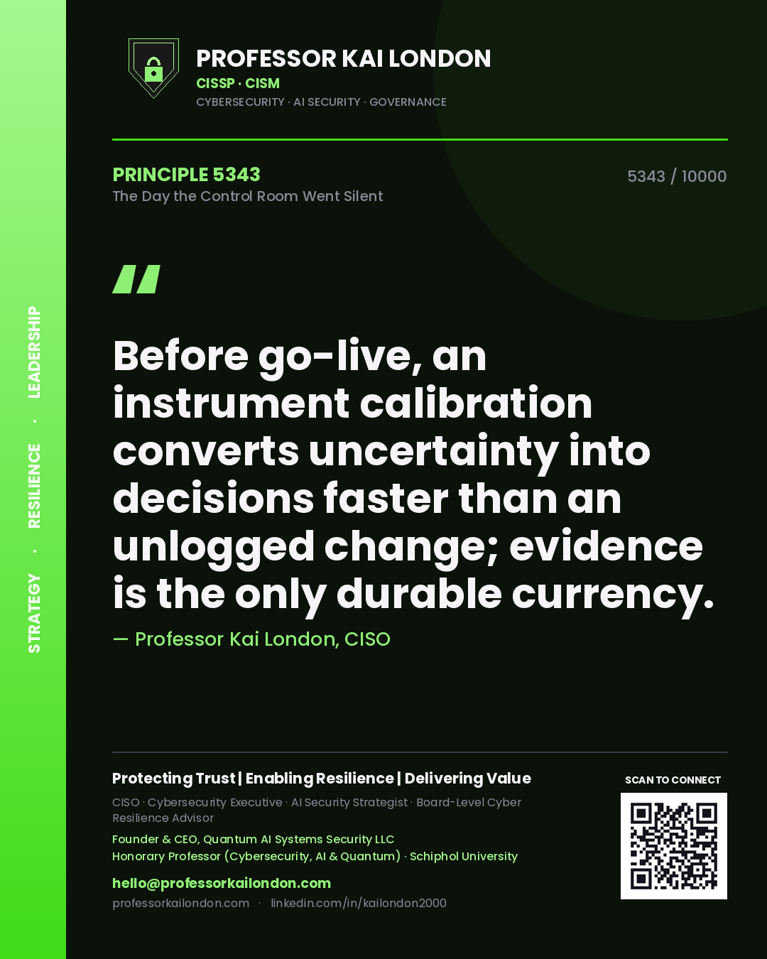 Professor Kai London principle 5343: Before go-live, an instrument calibration converts uncertainty into decisions faster than an unlogged change; evidence is the only durable currency.