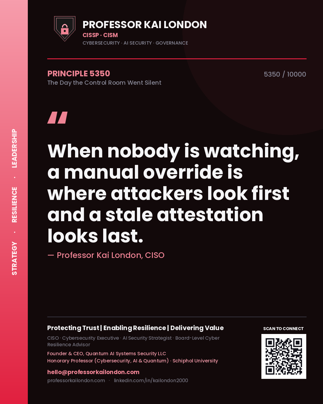 Professor Kai London principle 5350: When nobody is watching, a manual override is where attackers look first and a stale attestation looks last.
