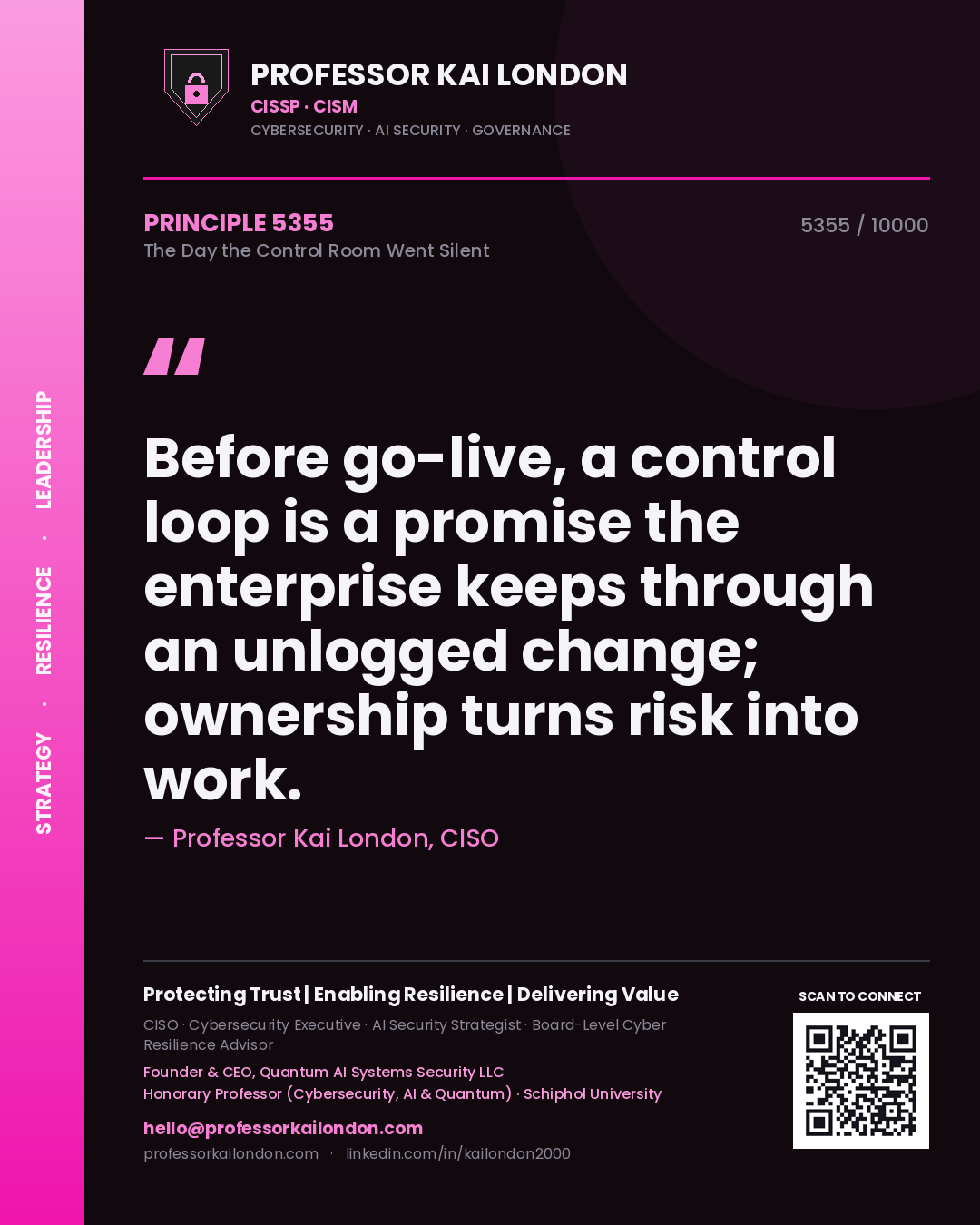 Professor Kai London principle 5355: Before go-live, a control loop is a promise the enterprise keeps through an unlogged change; ownership turns risk into work.