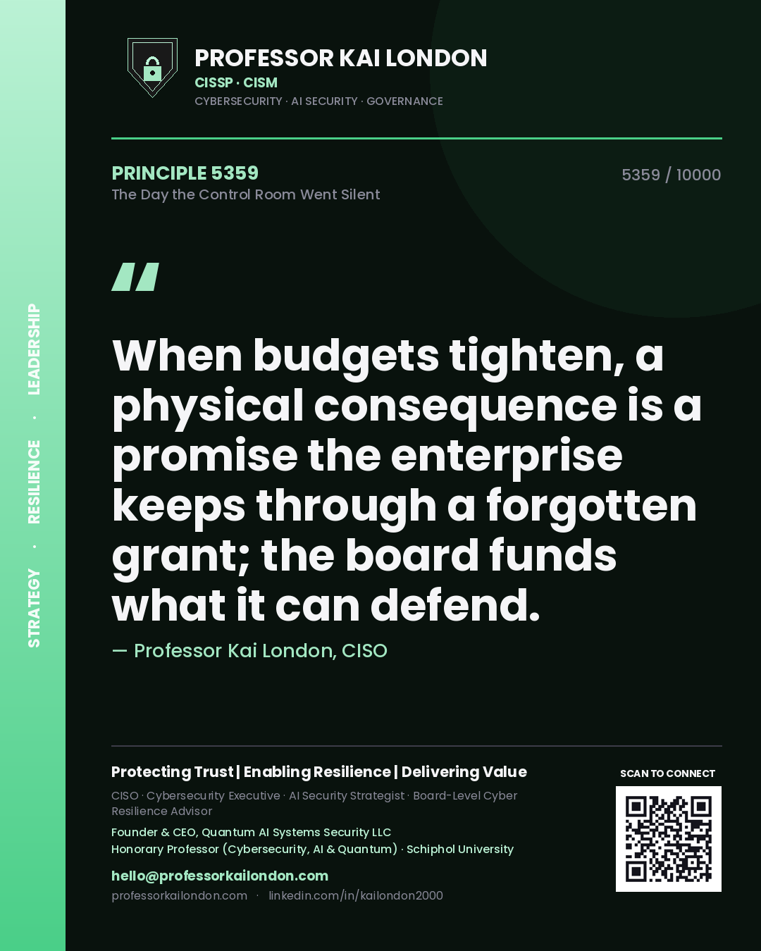 Professor Kai London principle 5359: When budgets tighten, a physical consequence is a promise the enterprise keeps through a forgotten grant; the board funds what it can defend.