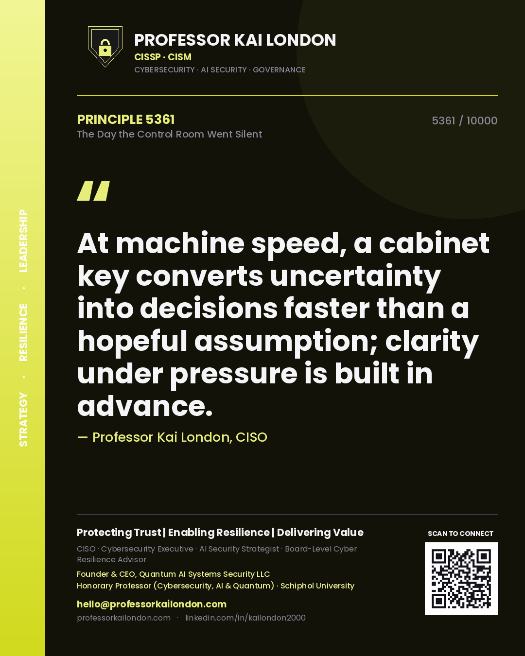 Professor Kai London principle 5361: At machine speed, a cabinet key converts uncertainty into decisions faster than a hopeful assumption; clarity under pressure is built in advance.