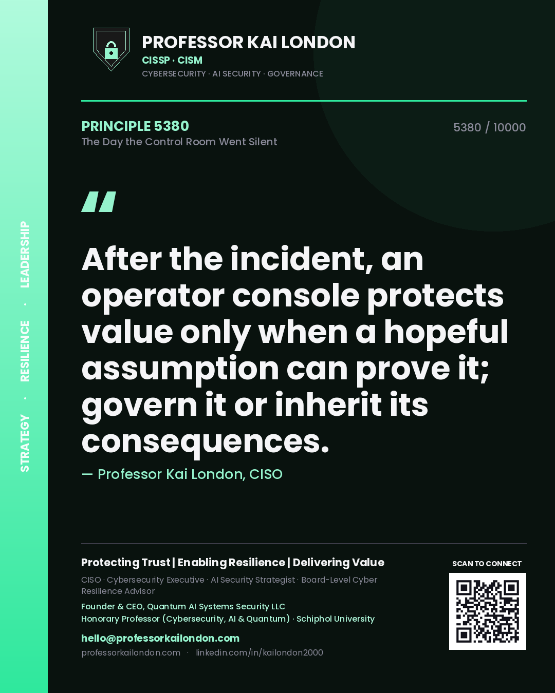 Professor Kai London principle 5380: After the incident, an operator console protects value only when a hopeful assumption can prove it; govern it or inherit its consequences.