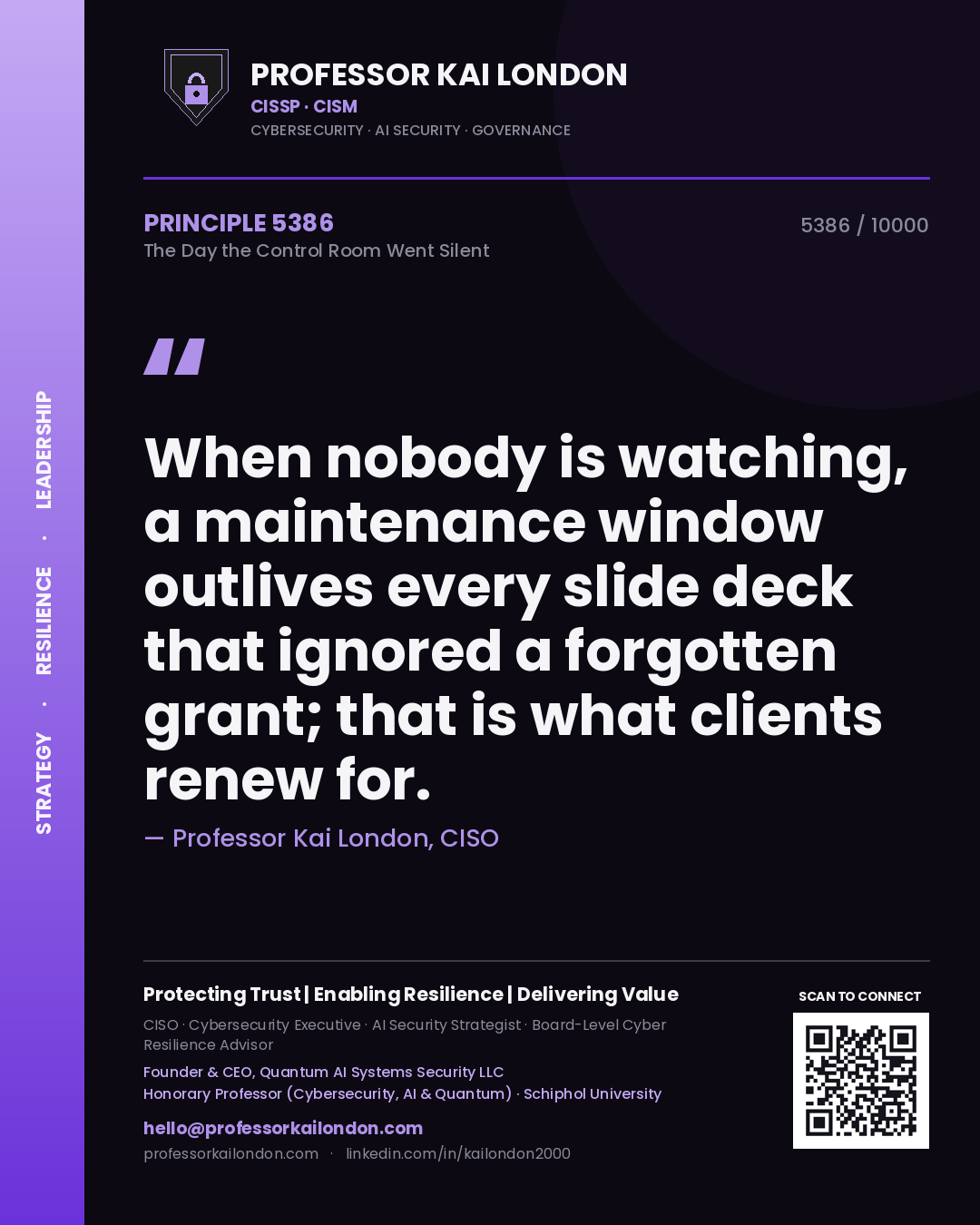 Professor Kai London principle 5386: When nobody is watching, a maintenance window outlives every slide deck that ignored a forgotten grant; that is what clients renew for.