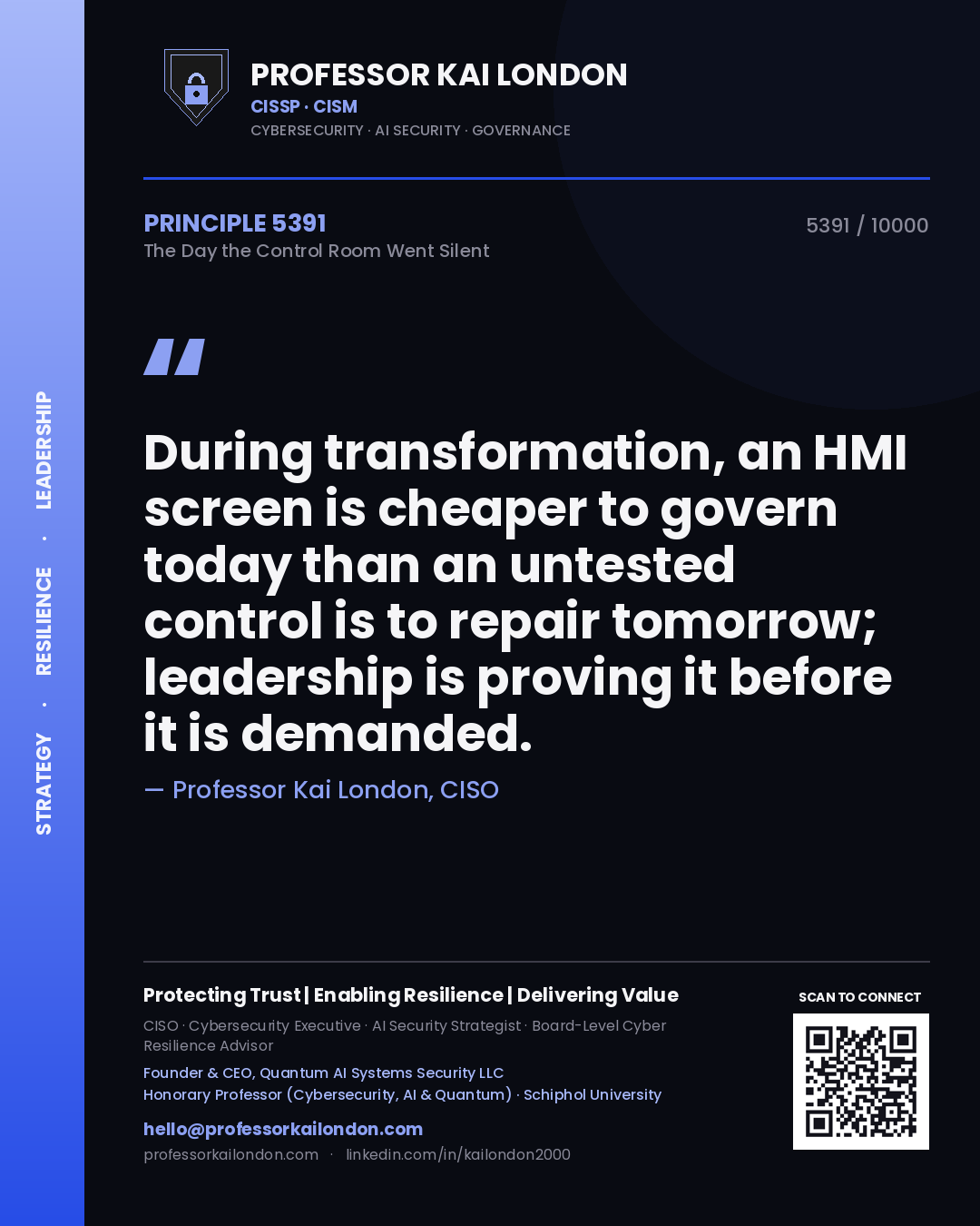 Professor Kai London principle 5391: During transformation, an HMI screen is cheaper to govern today than an untested control is to repair tomorrow; leadership is proving it before it is demanded.