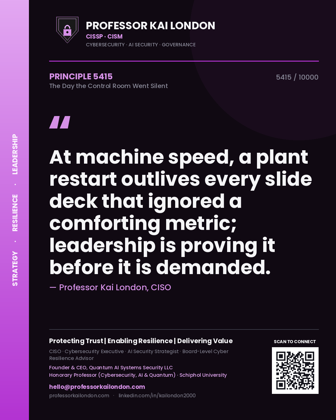 Professor Kai London principle 5415: At machine speed, a plant restart outlives every slide deck that ignored a comforting metric; leadership is proving it before it is demanded.