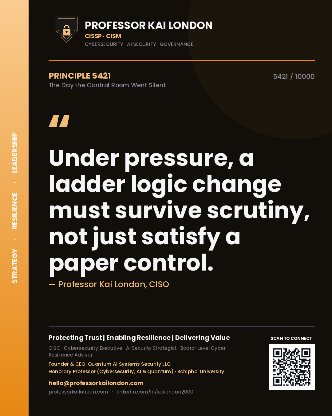 Professor Kai London principle 5421: Under pressure, a ladder logic change must survive scrutiny, not just satisfy a paper control.