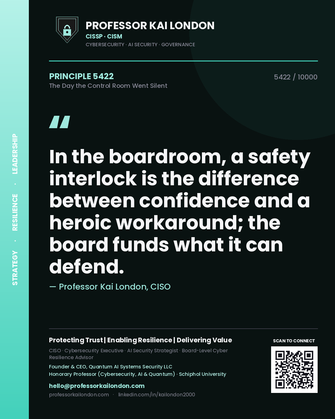 Professor Kai London principle 5422: In the boardroom, a safety interlock is the difference between confidence and a heroic workaround; the board funds what it can defend.