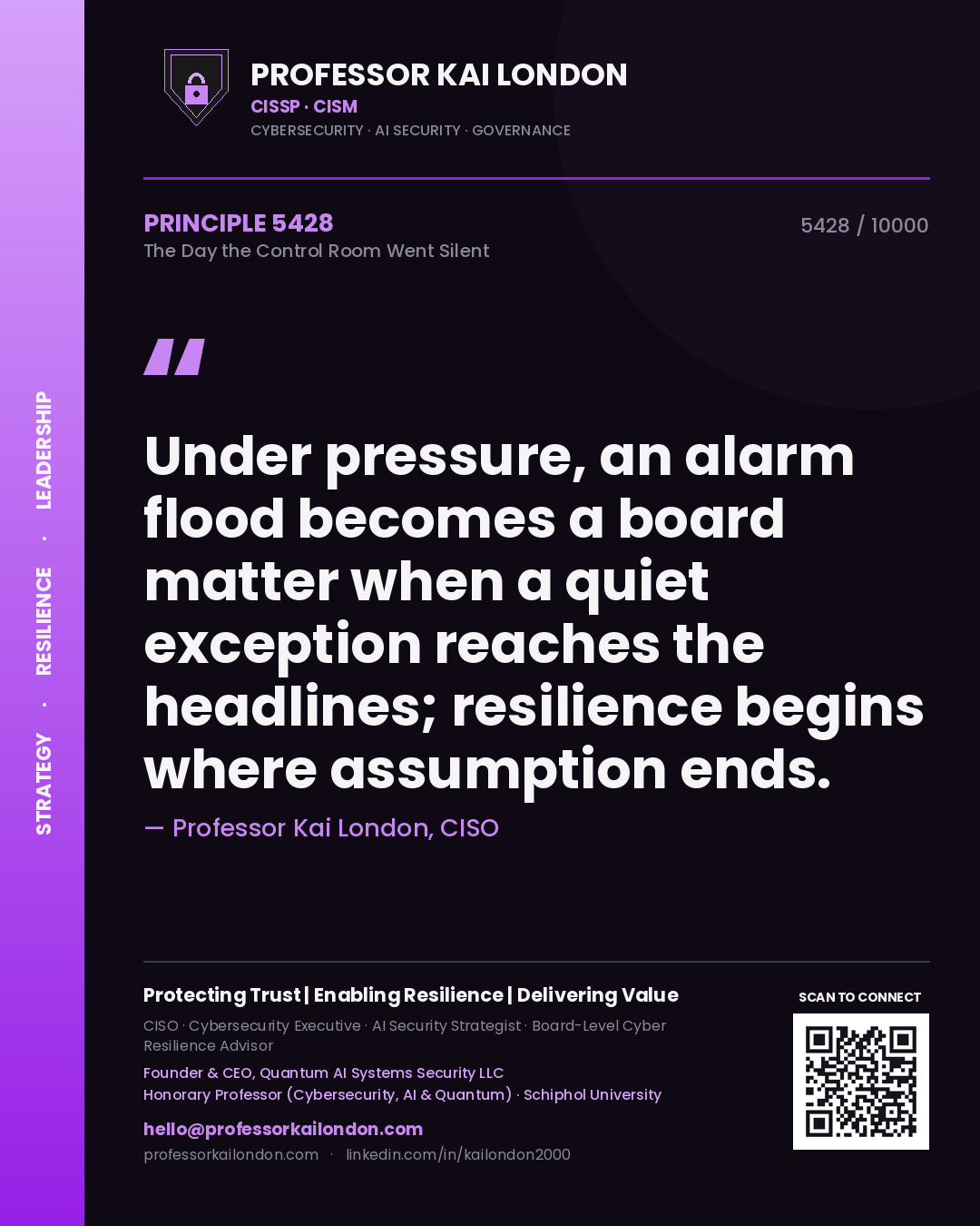 Professor Kai London principle 5428: Under pressure, an alarm flood becomes a board matter when a quiet exception reaches the headlines; resilience begins where assumption ends.