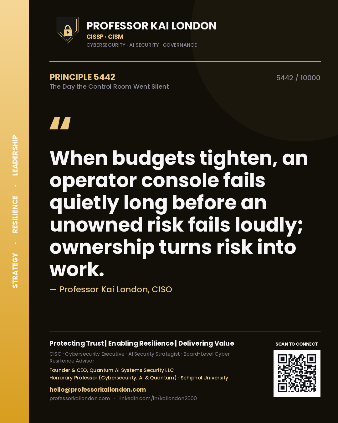 Professor Kai London principle 5442: When budgets tighten, an operator console fails quietly long before an unowned risk fails loudly; ownership turns risk into work.