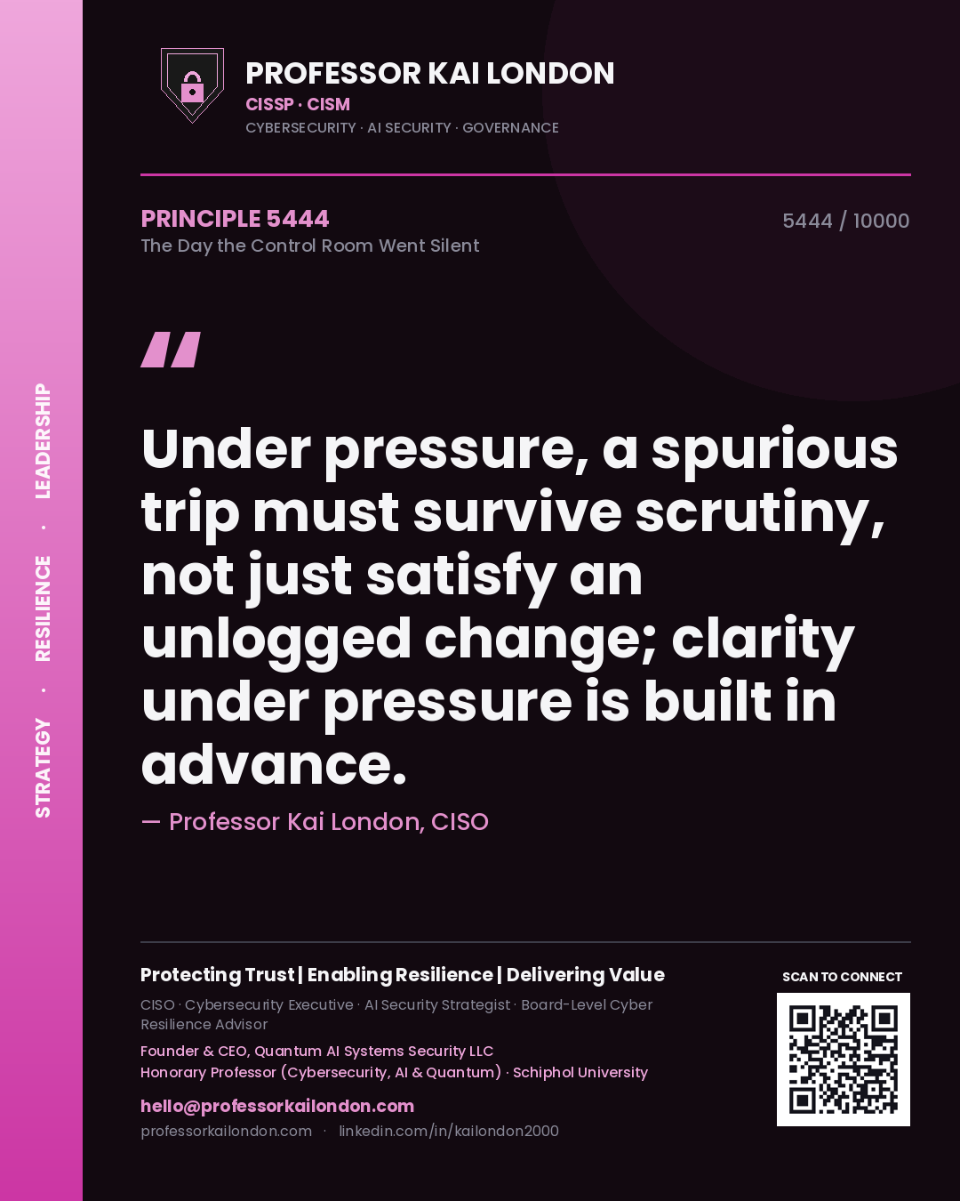 Professor Kai London principle 5444: Under pressure, a spurious trip must survive scrutiny, not just satisfy an unlogged change; clarity under pressure is built in advance.