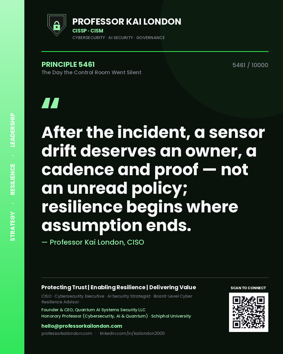 Professor Kai London principle 5461: After the incident, a sensor drift deserves an owner, a cadence and proof — not an unread policy; resilience begins where assumption ends.