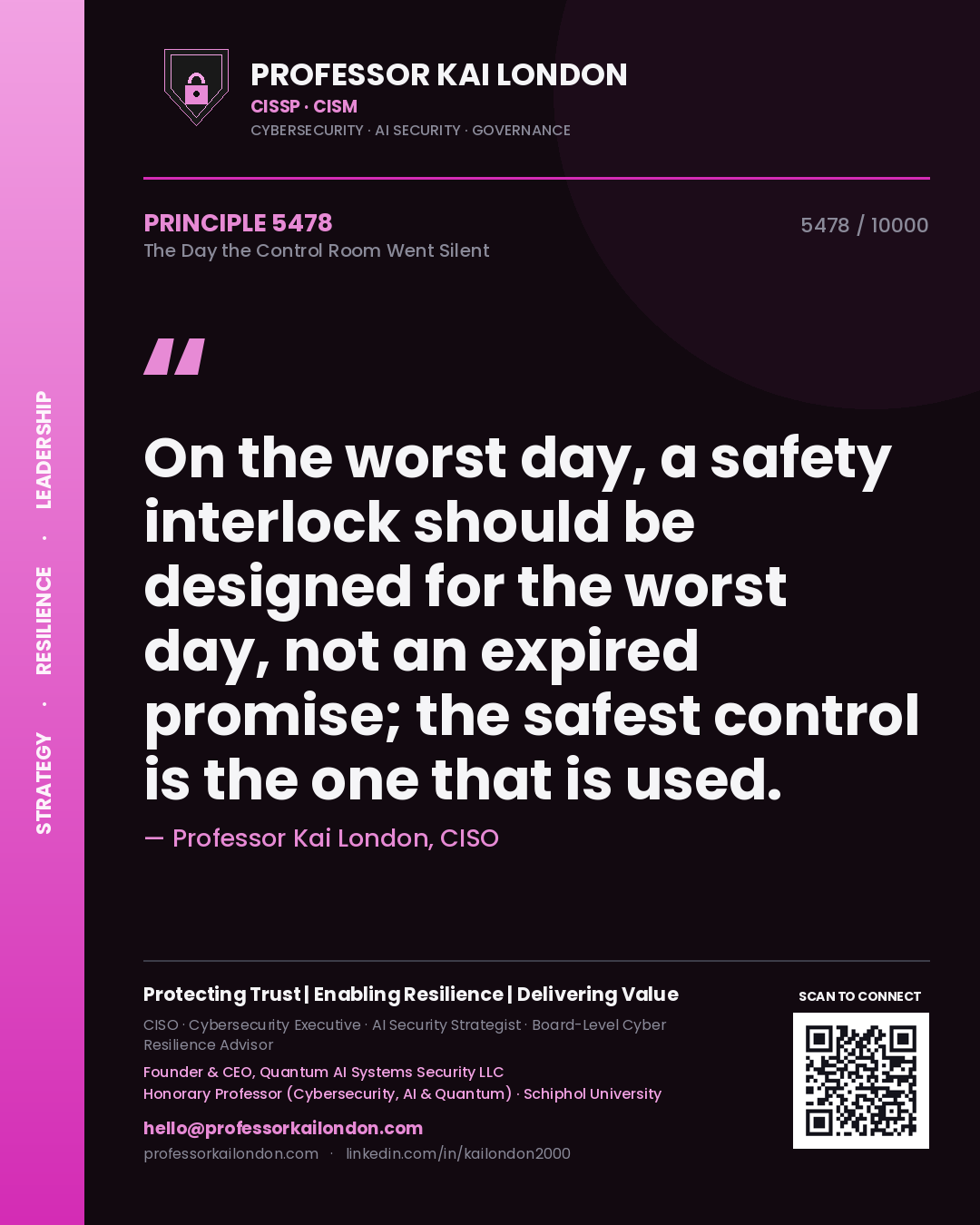 Professor Kai London principle 5478: On the worst day, a safety interlock should be designed for the worst day, not an expired promise; the safest control is the one that is used.