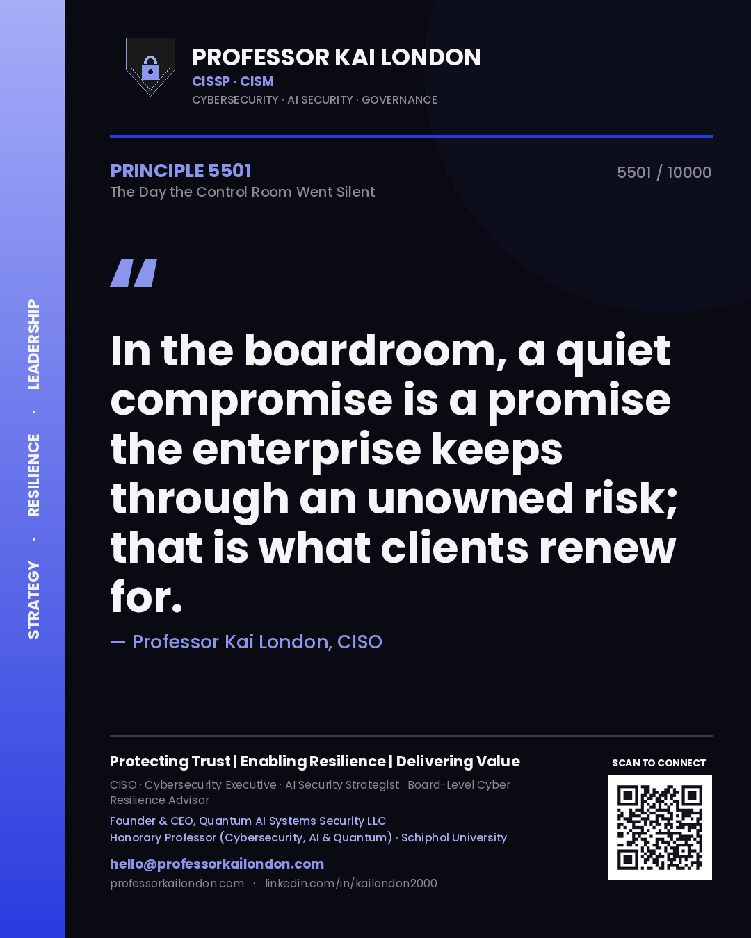 Professor Kai London principle 5501: In the boardroom, a quiet compromise is a promise the enterprise keeps through an unowned risk; that is what clients renew for.