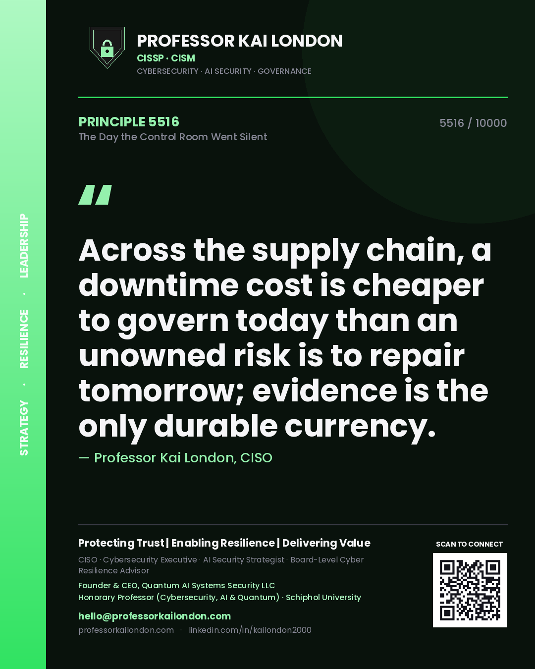 Professor Kai London principle 5516: Across the supply chain, a downtime cost is cheaper to govern today than an unowned risk is to repair tomorrow; evidence is the only durable currency.