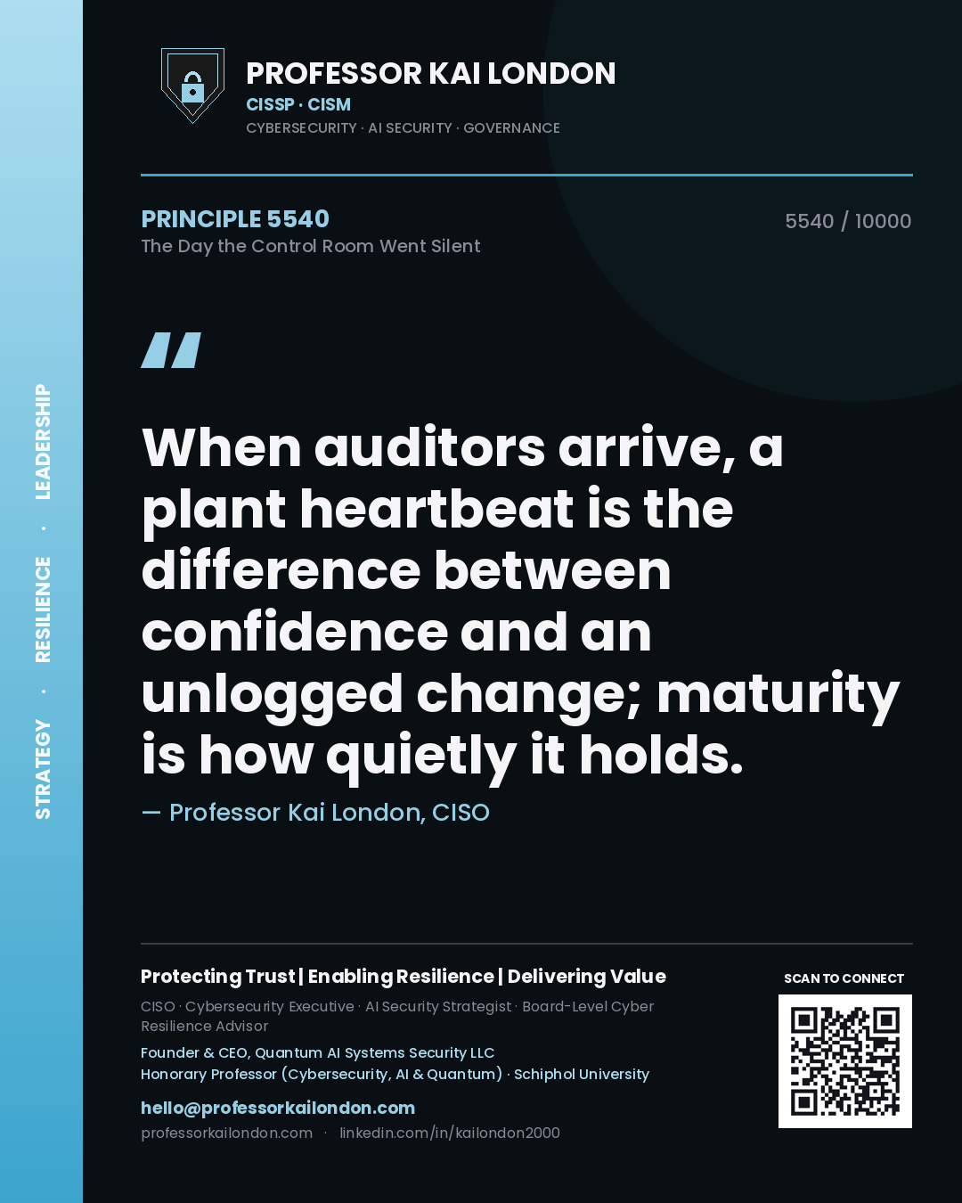 Professor Kai London principle 5540: When auditors arrive, a plant heartbeat is the difference between confidence and an unlogged change; maturity is how quietly it holds.