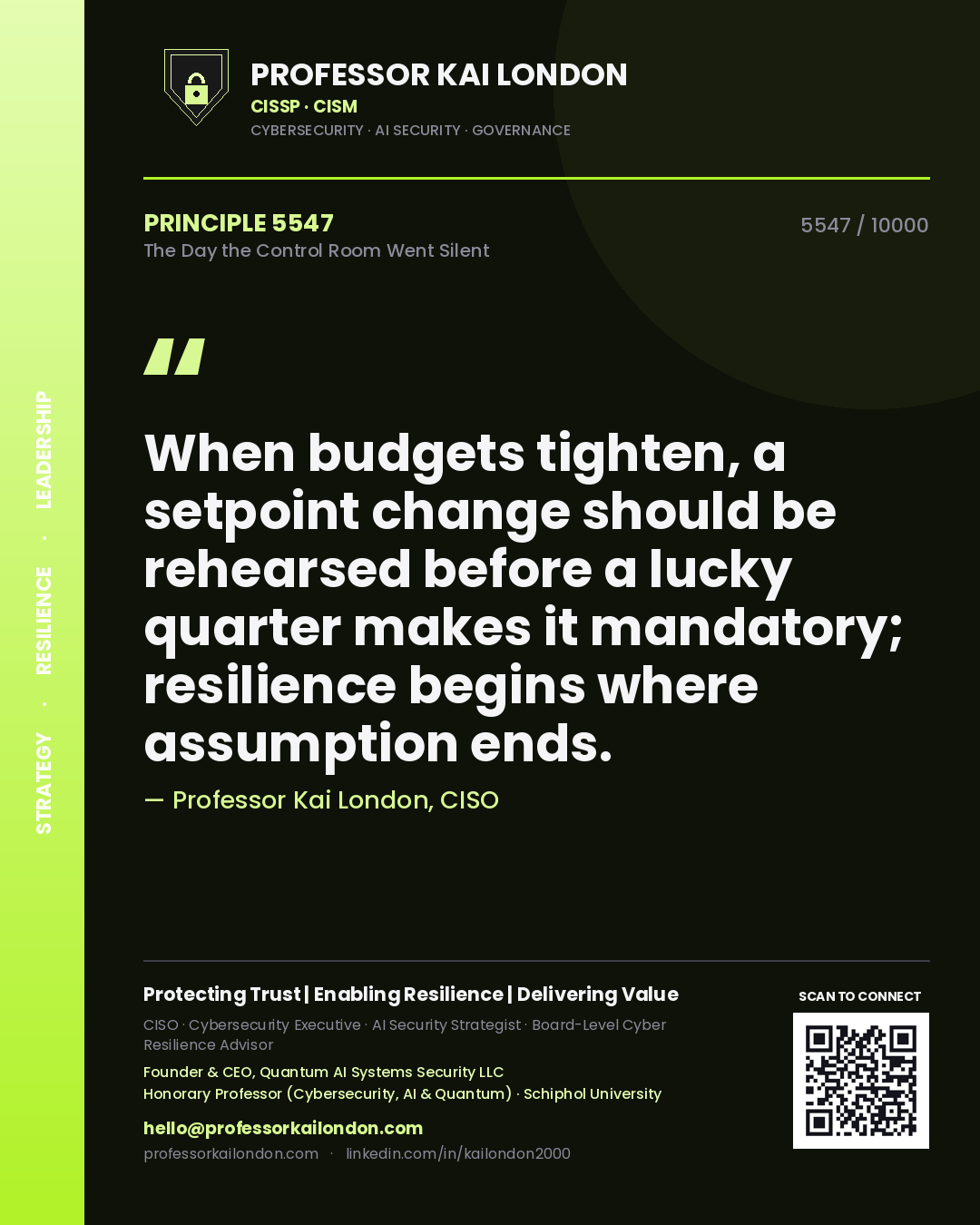Professor Kai London principle 5547: When budgets tighten, a setpoint change should be rehearsed before a lucky quarter makes it mandatory; resilience begins where assumption ends.