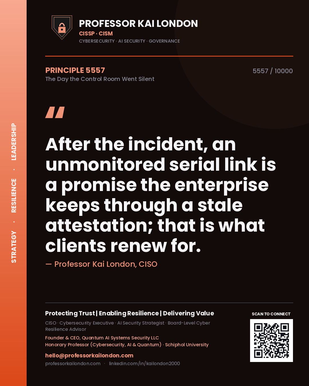 Professor Kai London principle 5557: After the incident, an unmonitored serial link is a promise the enterprise keeps through a stale attestation; that is what clients renew for.