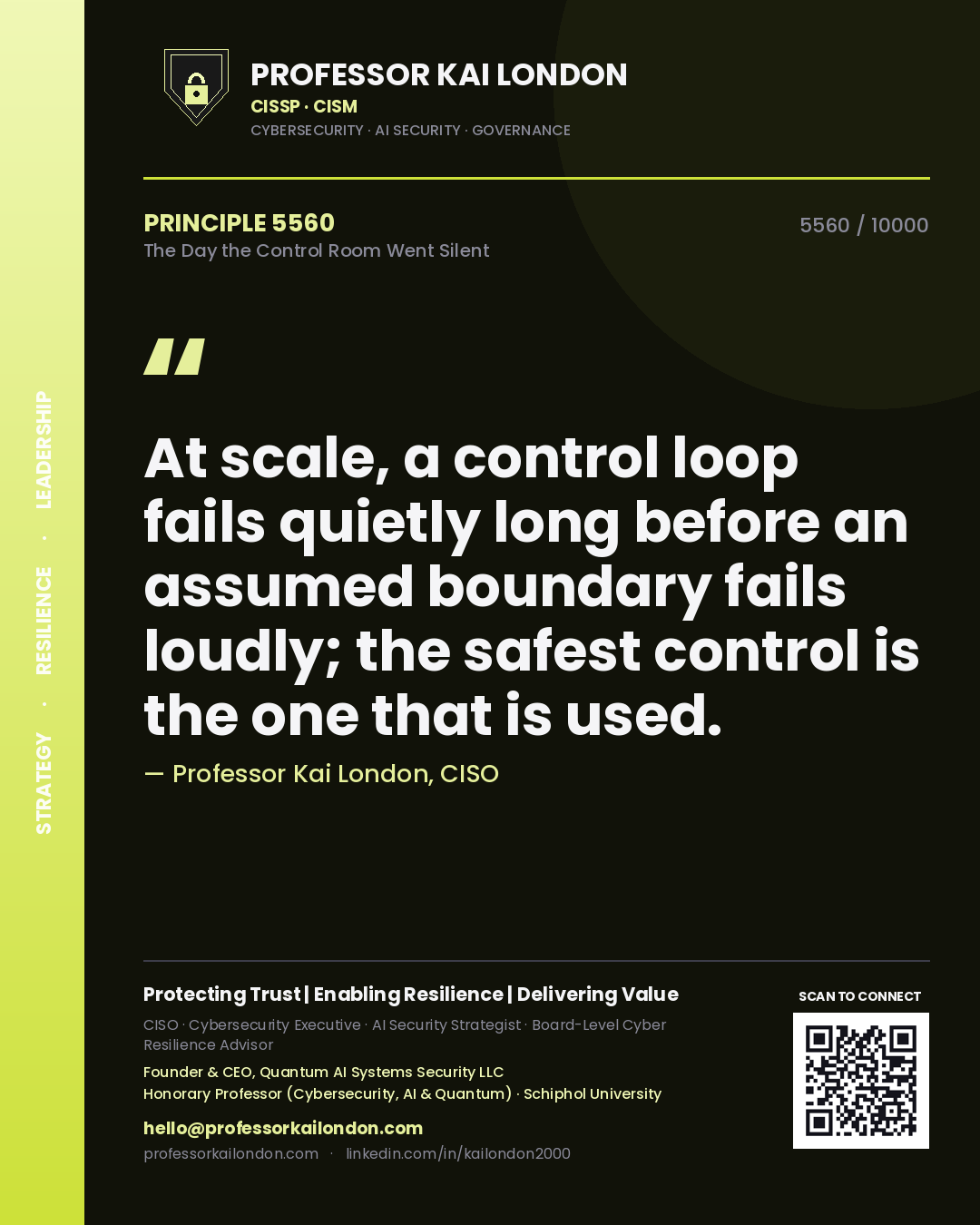 Professor Kai London principle 5560: At scale, a control loop fails quietly long before an assumed boundary fails loudly; the safest control is the one that is used.