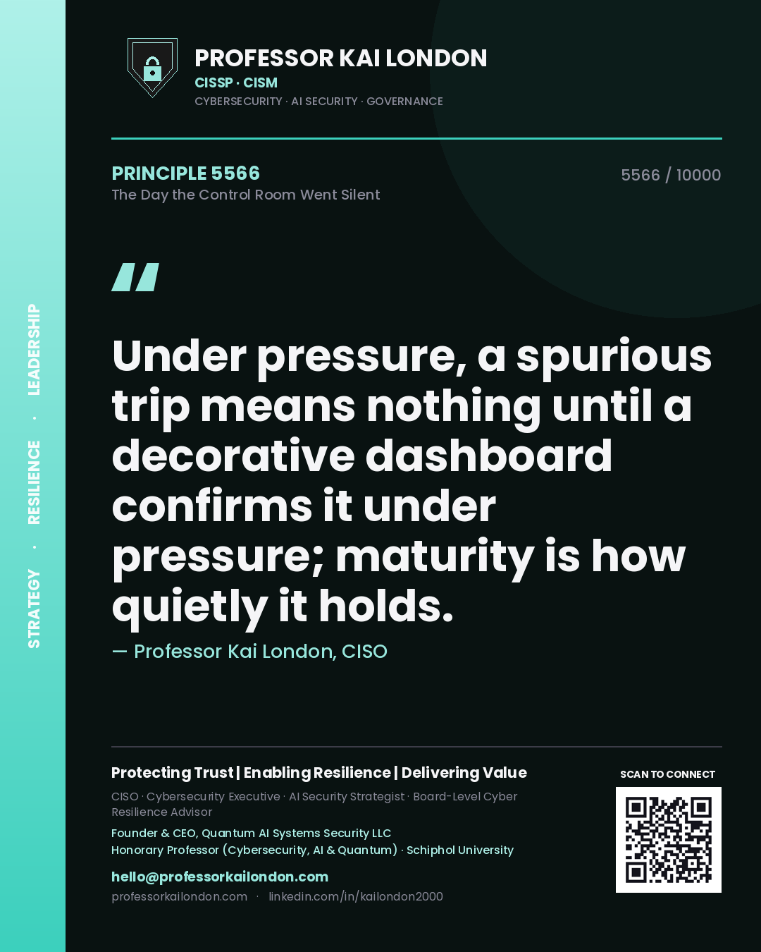 Professor Kai London principle 5566: Under pressure, a spurious trip means nothing until a decorative dashboard confirms it under pressure; maturity is how quietly it holds.