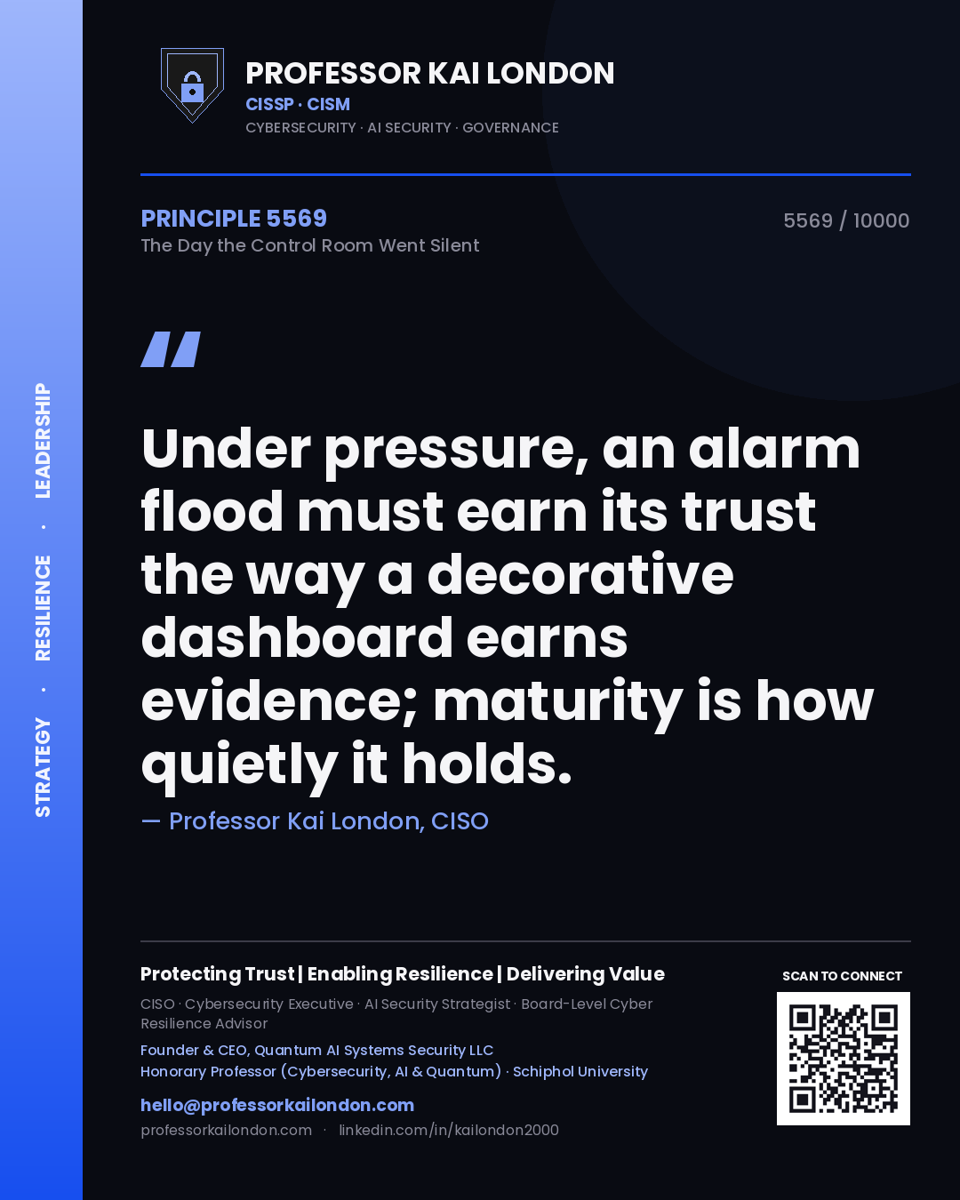 Professor Kai London principle 5569: Under pressure, an alarm flood must earn its trust the way a decorative dashboard earns evidence; maturity is how quietly it holds.