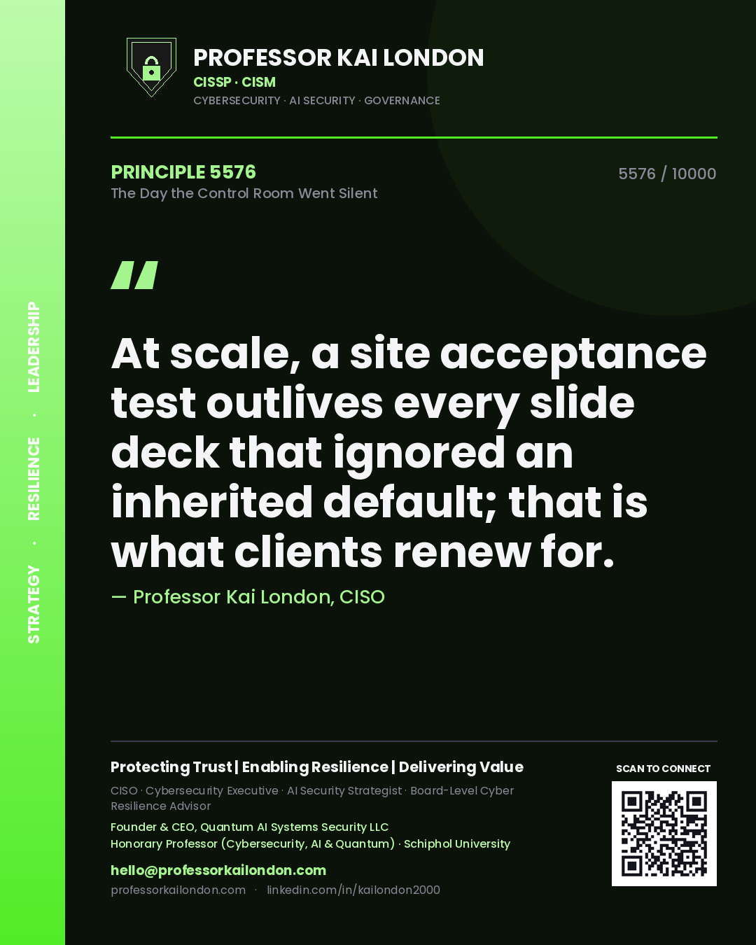 Professor Kai London principle 5576: At scale, a site acceptance test outlives every slide deck that ignored an inherited default; that is what clients renew for.