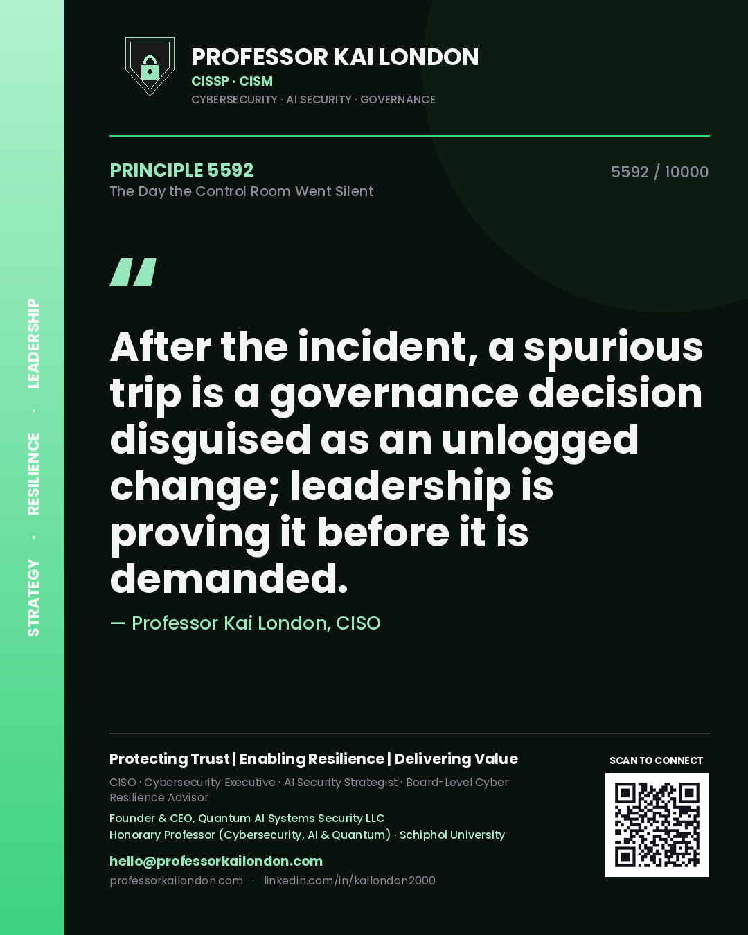 Professor Kai London principle 5592: After the incident, a spurious trip is a governance decision disguised as an unlogged change; leadership is proving it before it is demanded.