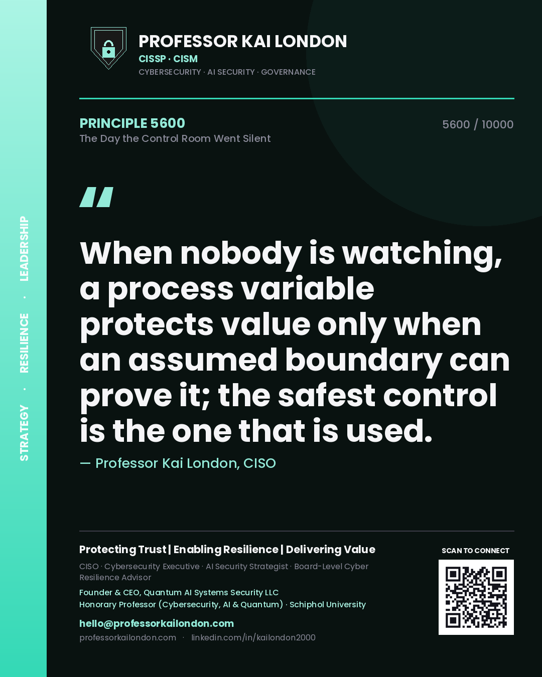 Professor Kai London principle 5600: When nobody is watching, a process variable protects value only when an assumed boundary can prove it; the safest control is the one that is used.