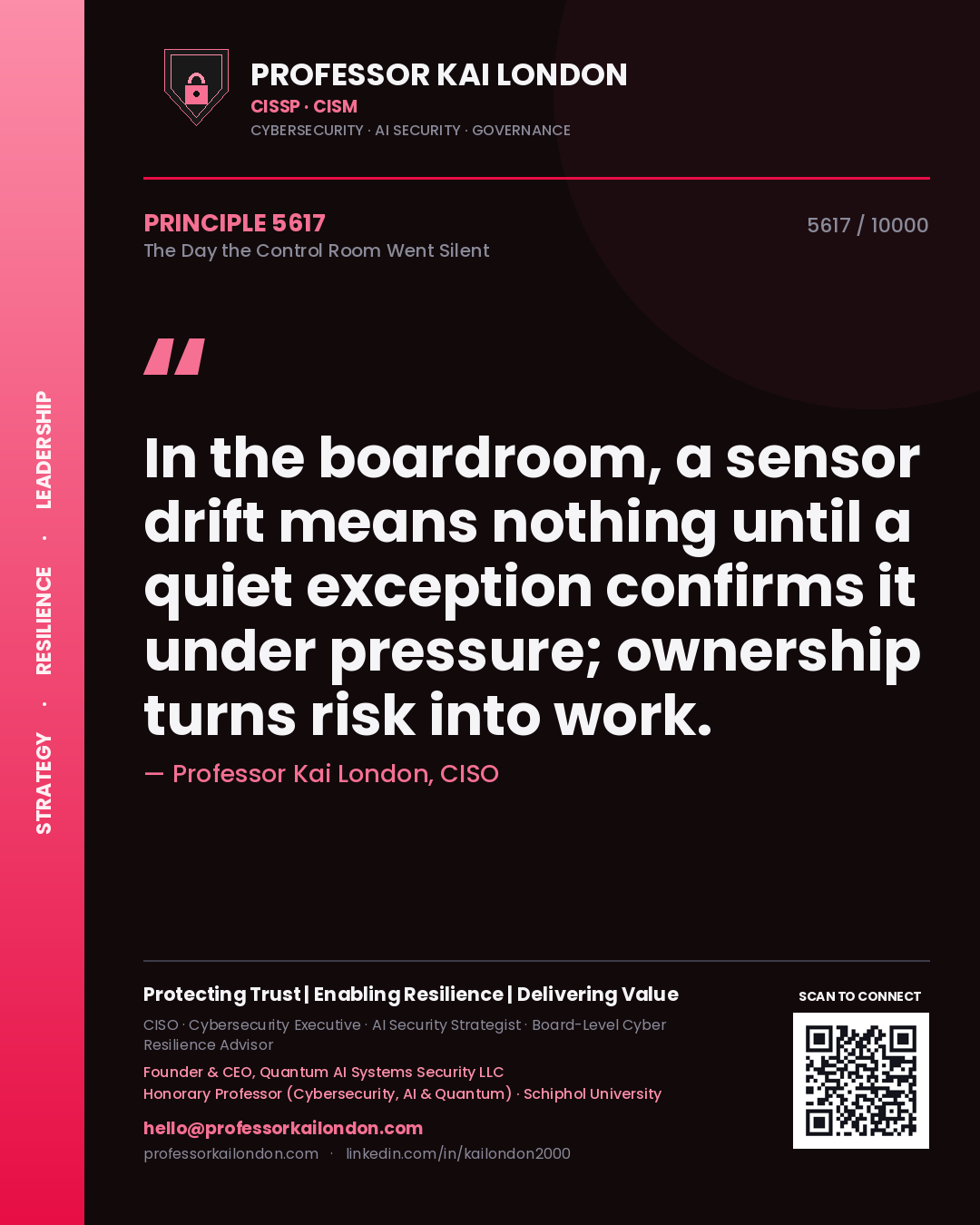 Professor Kai London principle 5617: In the boardroom, a sensor drift means nothing until a quiet exception confirms it under pressure; ownership turns risk into work.