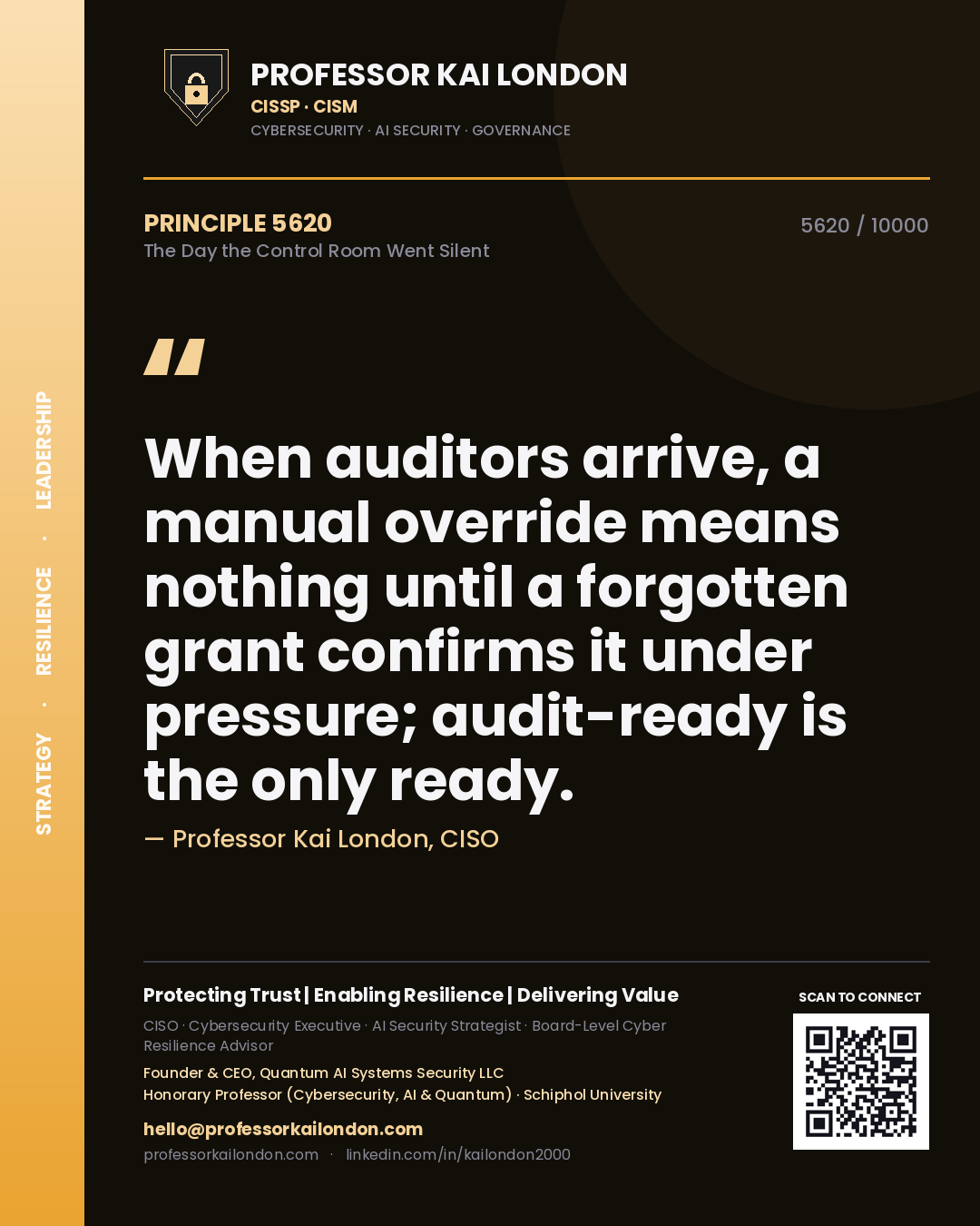 Professor Kai London principle 5620: When auditors arrive, a manual override means nothing until a forgotten grant confirms it under pressure; audit-ready is the only ready.