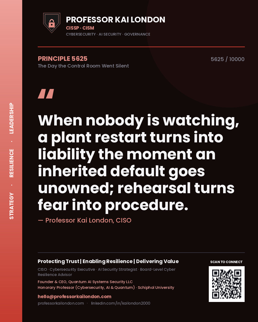 Professor Kai London principle 5625: When nobody is watching, a plant restart turns into liability the moment an inherited default goes unowned; rehearsal turns fear into procedure.