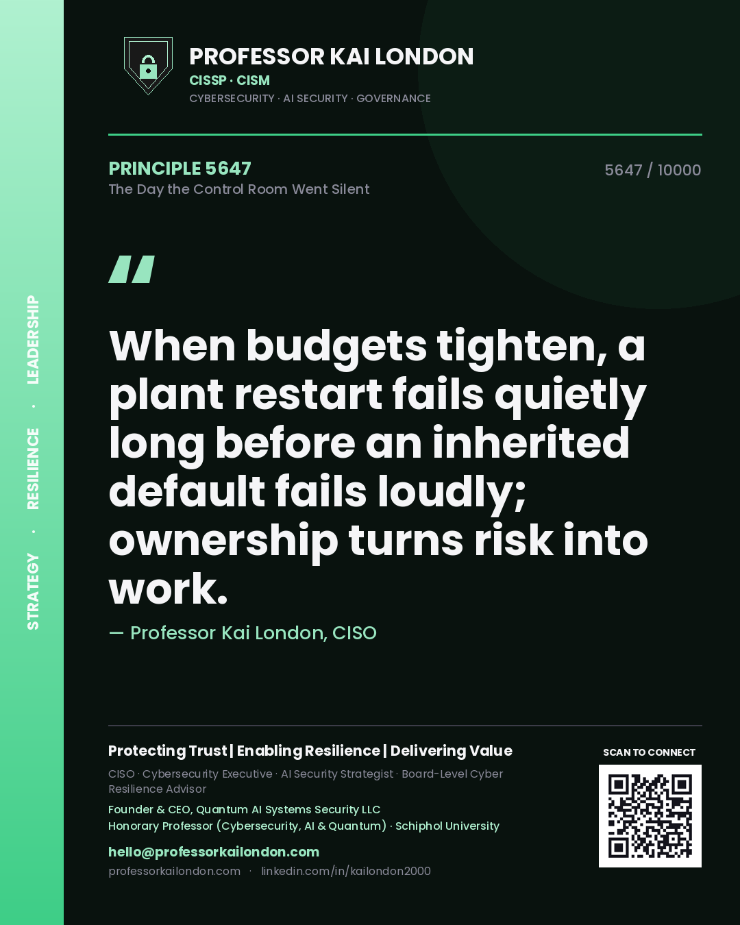 Professor Kai London principle 5647: When budgets tighten, a plant restart fails quietly long before an inherited default fails loudly; ownership turns risk into work.