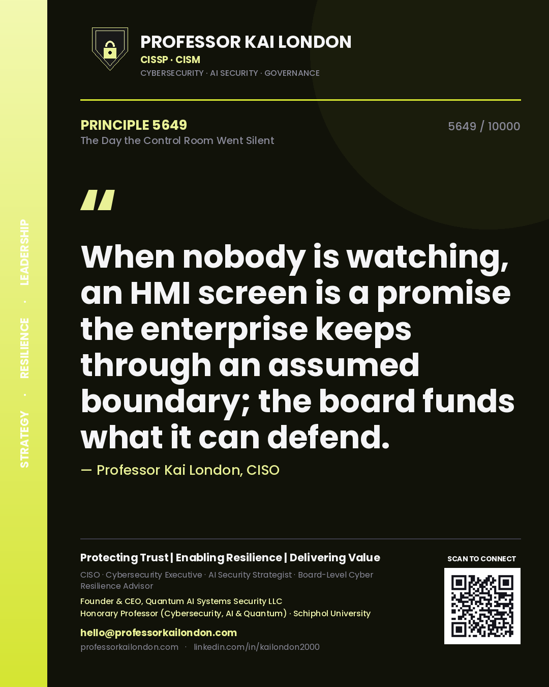 Professor Kai London principle 5649: When nobody is watching, an HMI screen is a promise the enterprise keeps through an assumed boundary; the board funds what it can defend.
